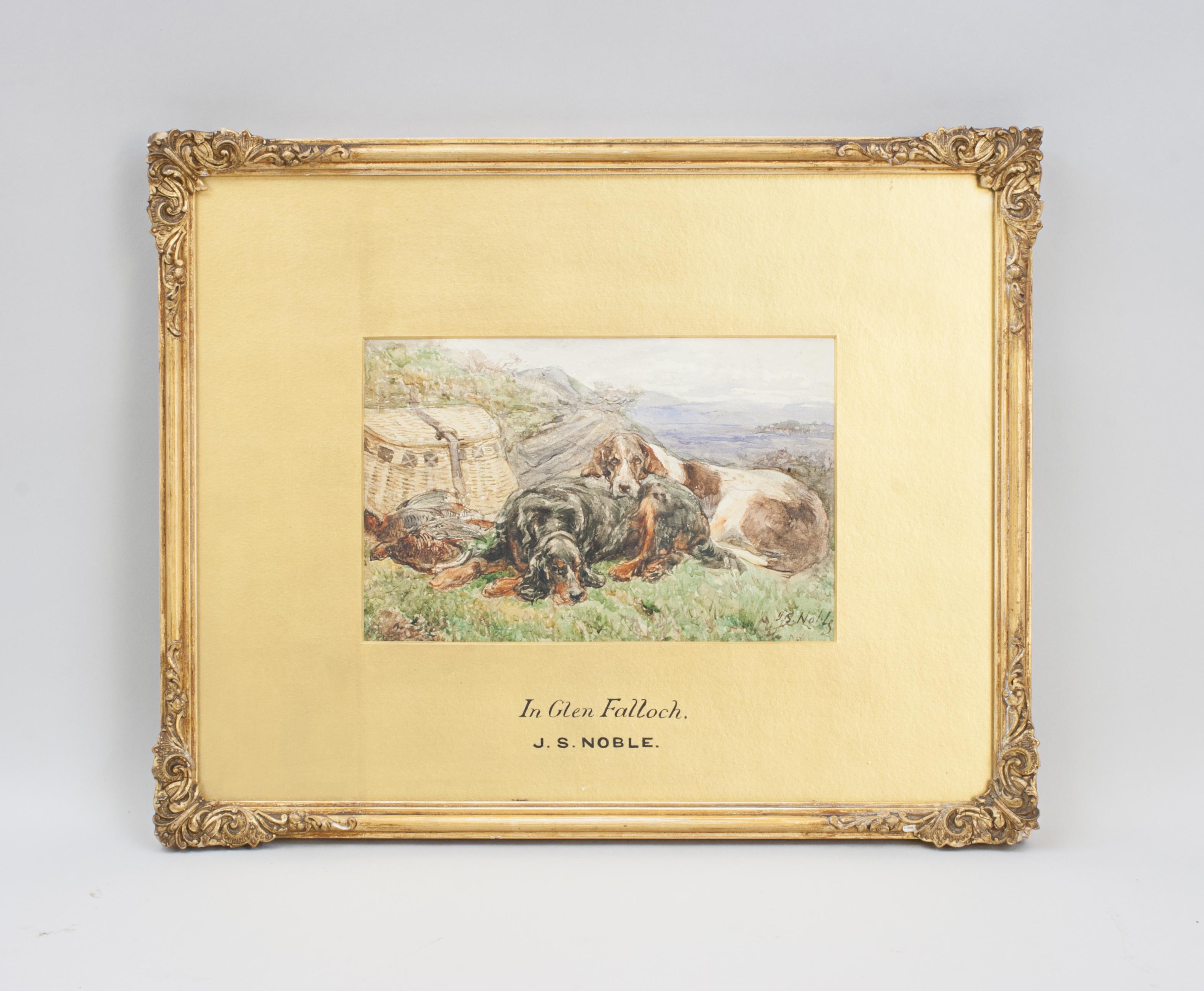 John Sergeant Noble Watercolour, In Glen Falloch.
A vibrant original watercolour of two setters laying down on the grass with a brace of pheasants and large wicker creel, signed lower right 'J. S. Noble'. Gold mount with title 'In Glen Falloch. J.