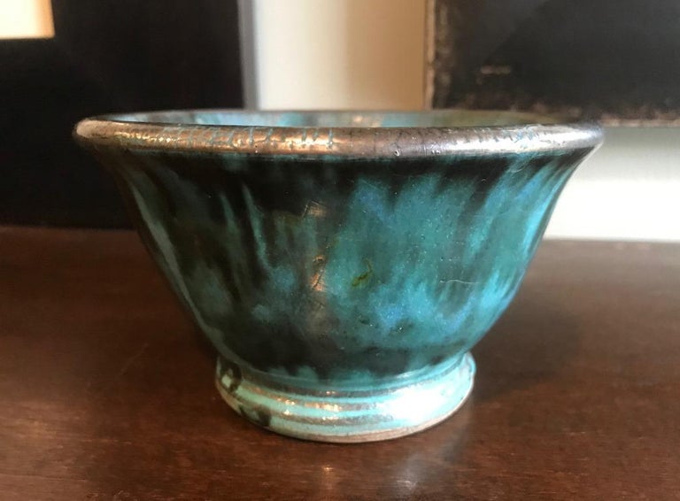 Glen Lukens Signed Midcentury Blue with Gold Crackle Glazed Ceramic