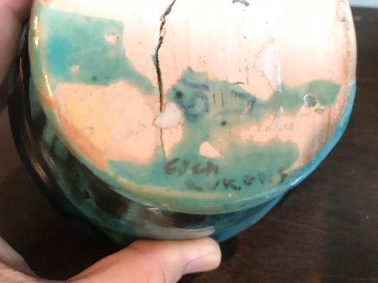 Glen Lukens Signed Midcentury Blue with Gold Crackle Glazed Ceramic
