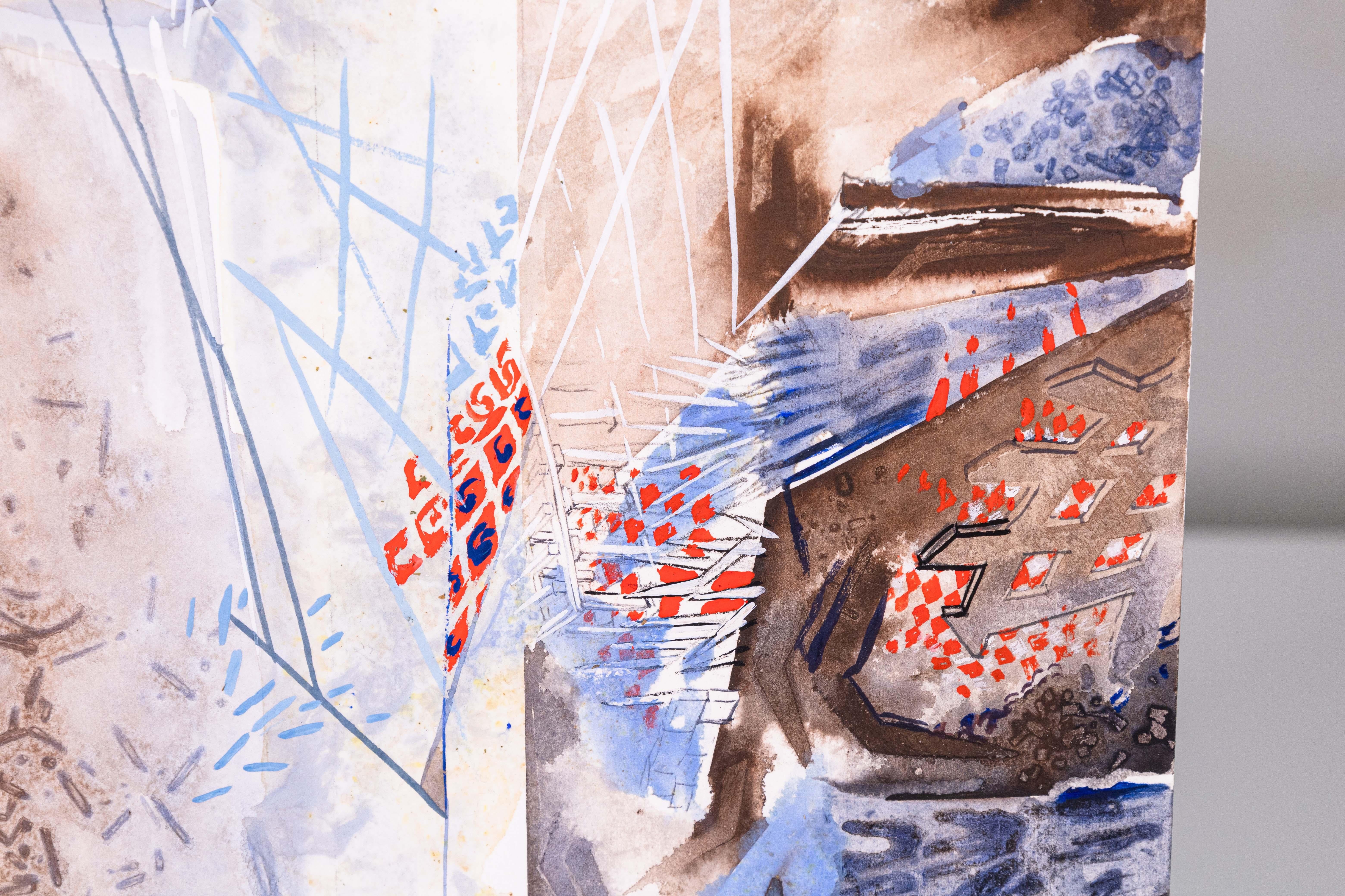 Glen Michaels Modern Blau Rot und Brown Aquarell Zeichnung Unsigned 12hx9w im Zustand „Gut“ im Angebot in Keego Harbor, MI