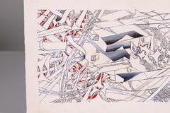 Glen Michaels Signed Modern Red & Gray Watercolor Ink Drawing Paper 8.5h x 20w