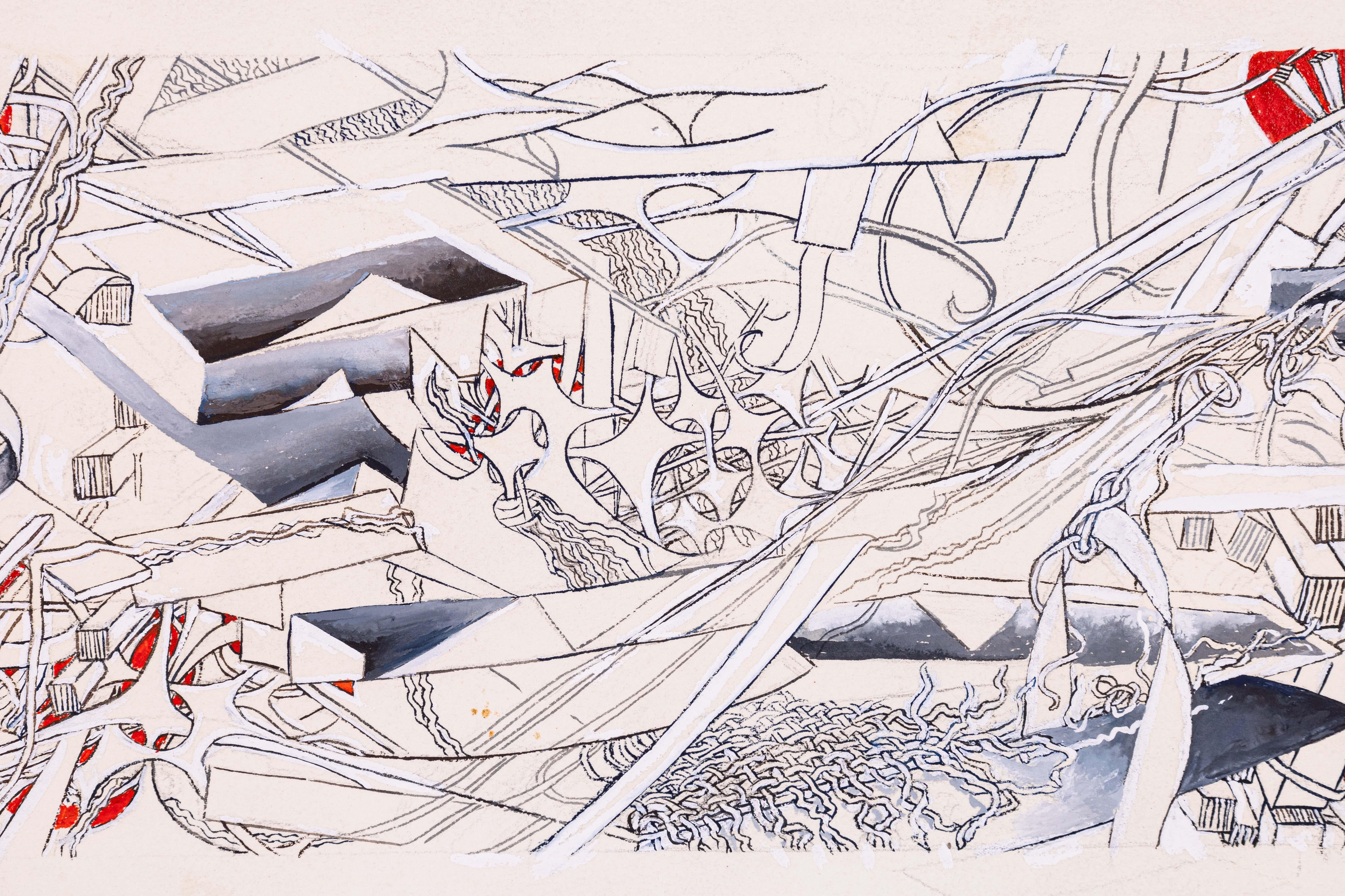 American Glen Michaels Signed Modern Red & Gray Watercolor Ink Drawing Paper 8.5h x 20w For Sale