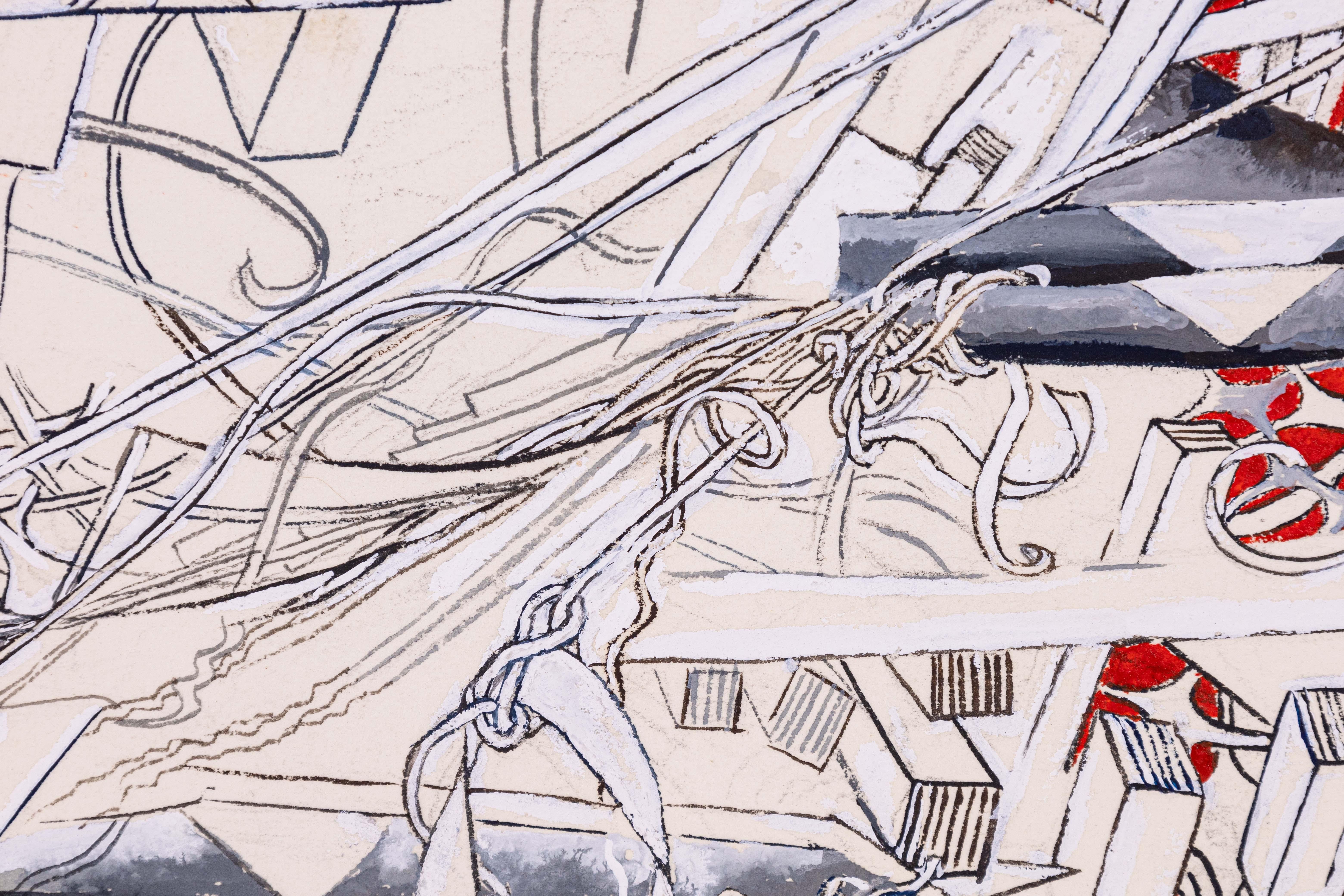 Glen Michaels Signed Modern Red & Gray Watercolor Ink Drawing Paper 8.5h x 20w In Good Condition For Sale In Keego Harbor, MI