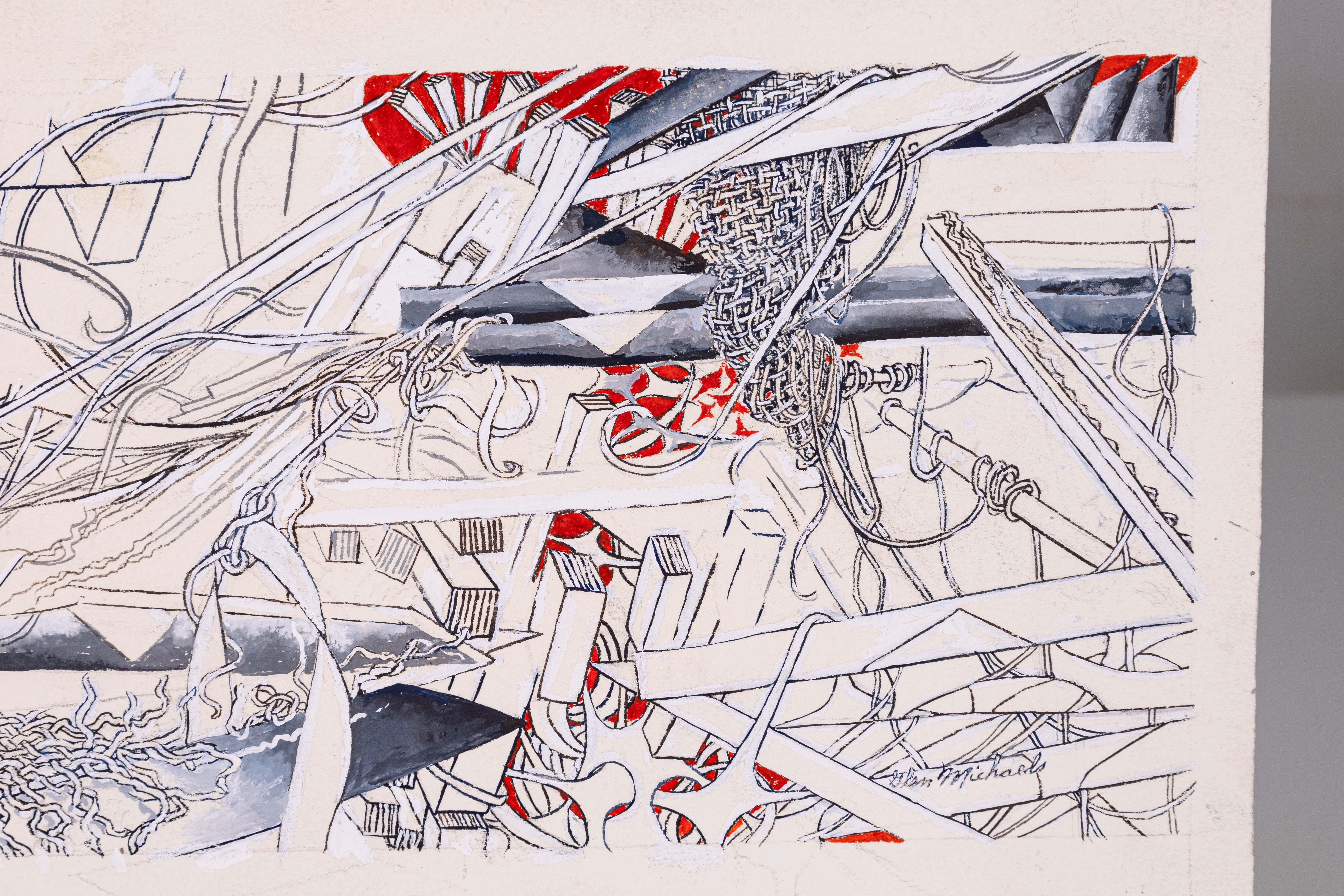 Contemporary Glen Michaels Signed Modern Red & Gray Watercolor Ink Drawing Paper 8.5h x 20w For Sale