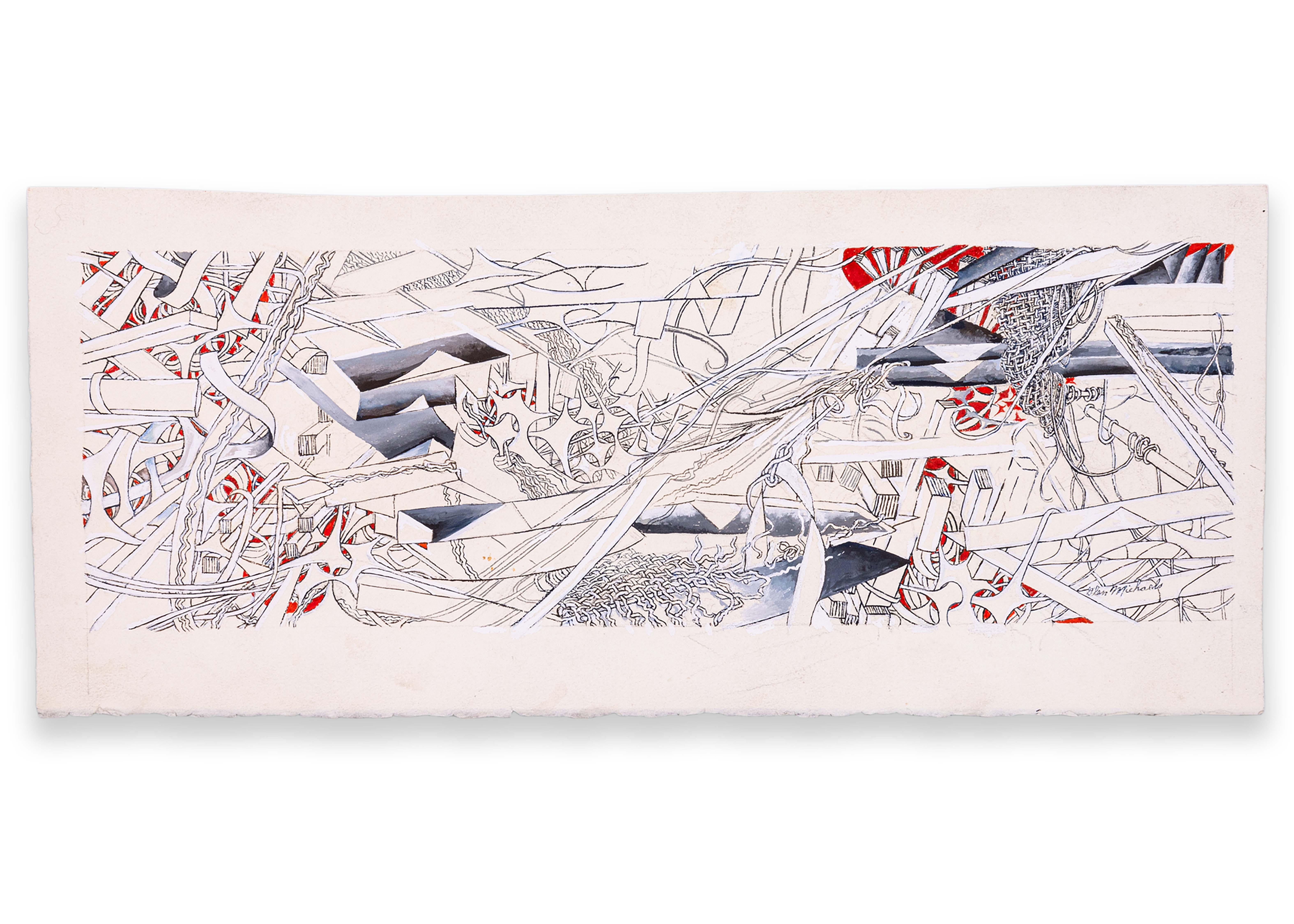 Glen Michaels Signed Modern Red & Gray Watercolor Ink Drawing Paper 8.5h x 20w For Sale 2