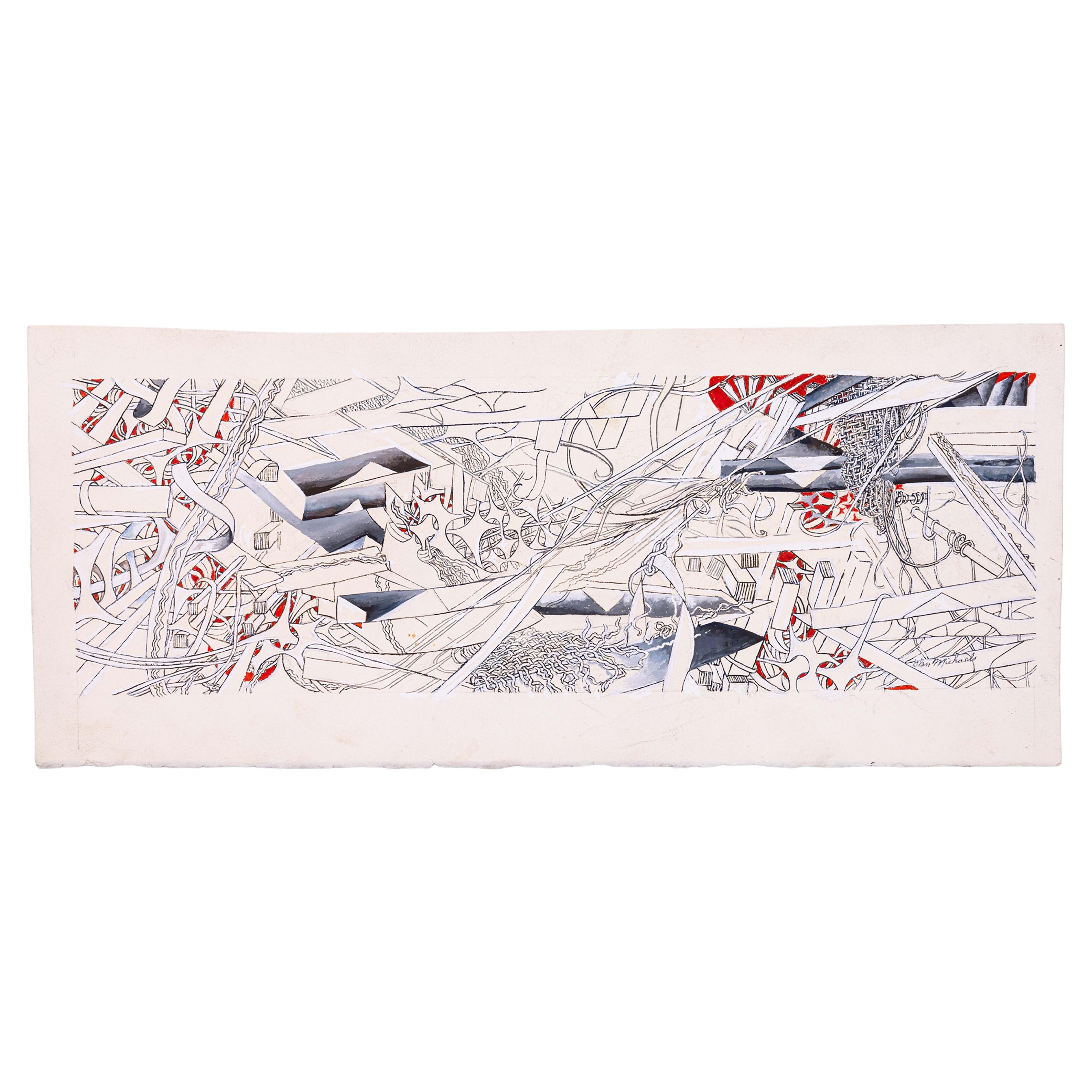 Glen Michaels Papel de dibujo moderno firmado en tinta de acuarela roja y gris 8,5h x 20w
