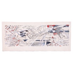 Glen Michaels signiert Modern Rot & Grau Aquarell Tinte Zeichnung Papier 8,5h x 20w