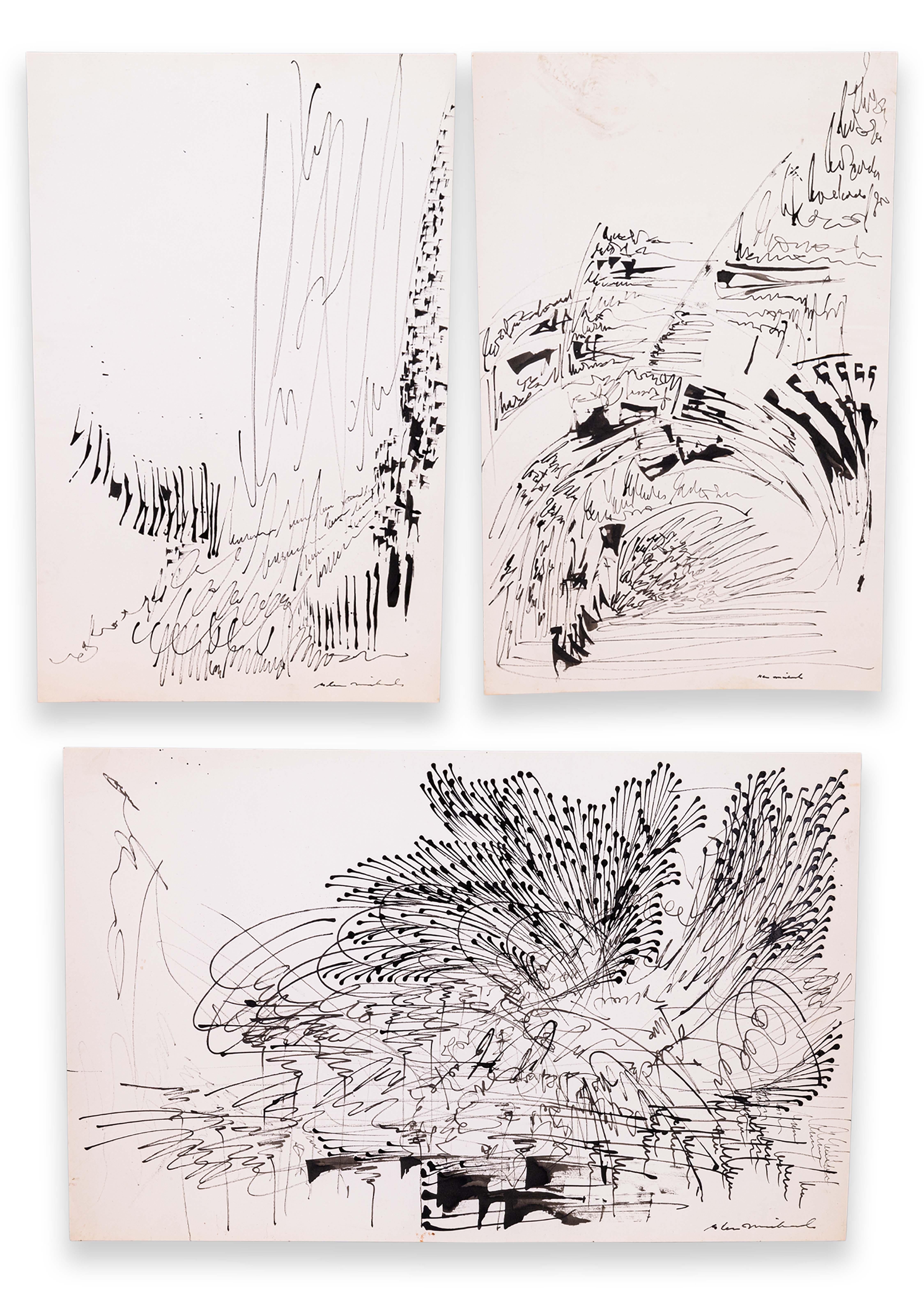 Glen Michaels Signed Set of 3 Modern Signed Ink Drawings on Paper 23x14.5 For Sale 6
