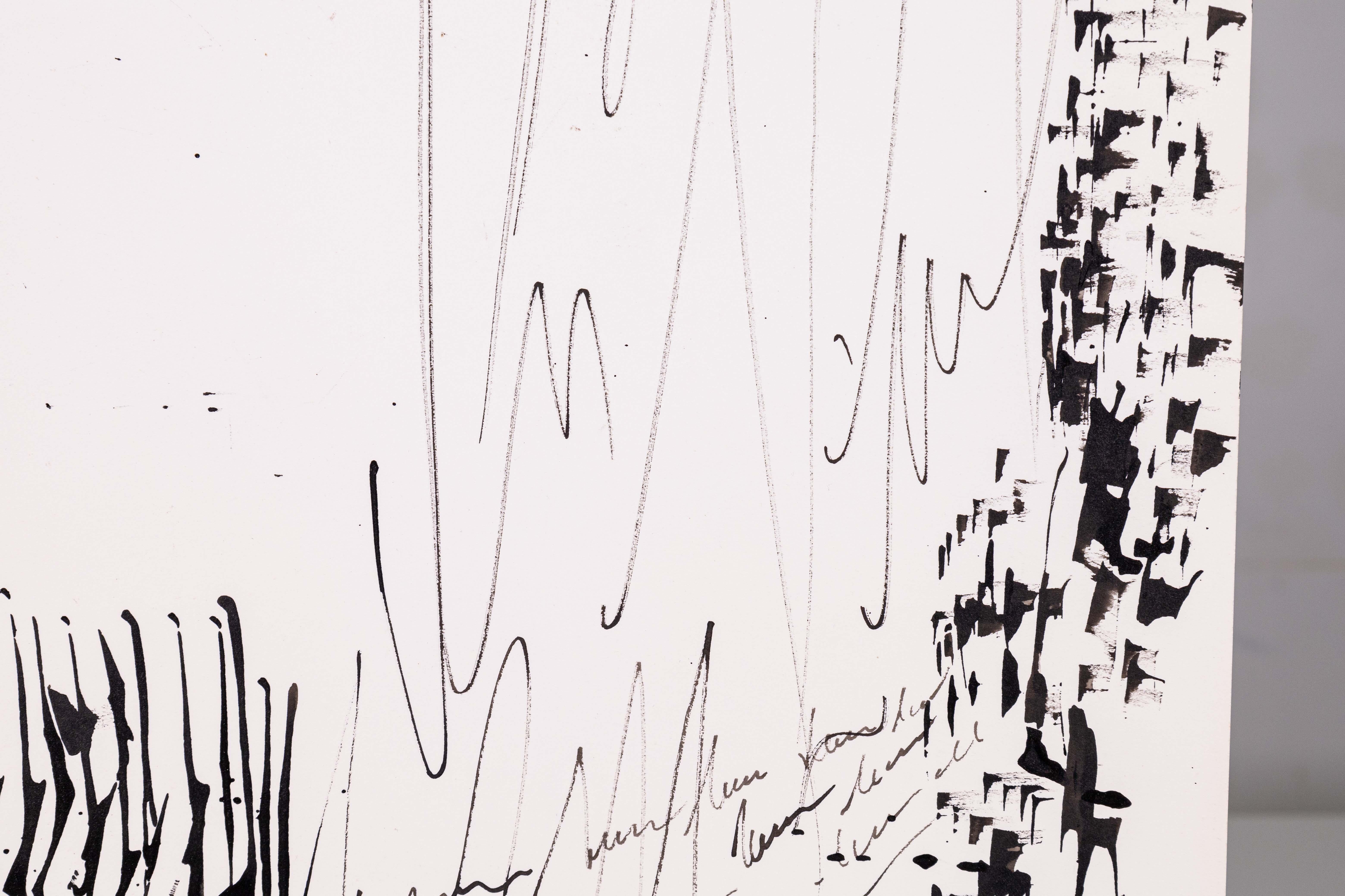 A set of 3 modern ink drawing on paper by Cranbrook artist Glen Michaels. Signed. Circa 2000s. Reminiscent of the Bricktown People Mover Station in Detroit. Glen was commissioned to create an installation for the station; he completed 20ft x 30ft