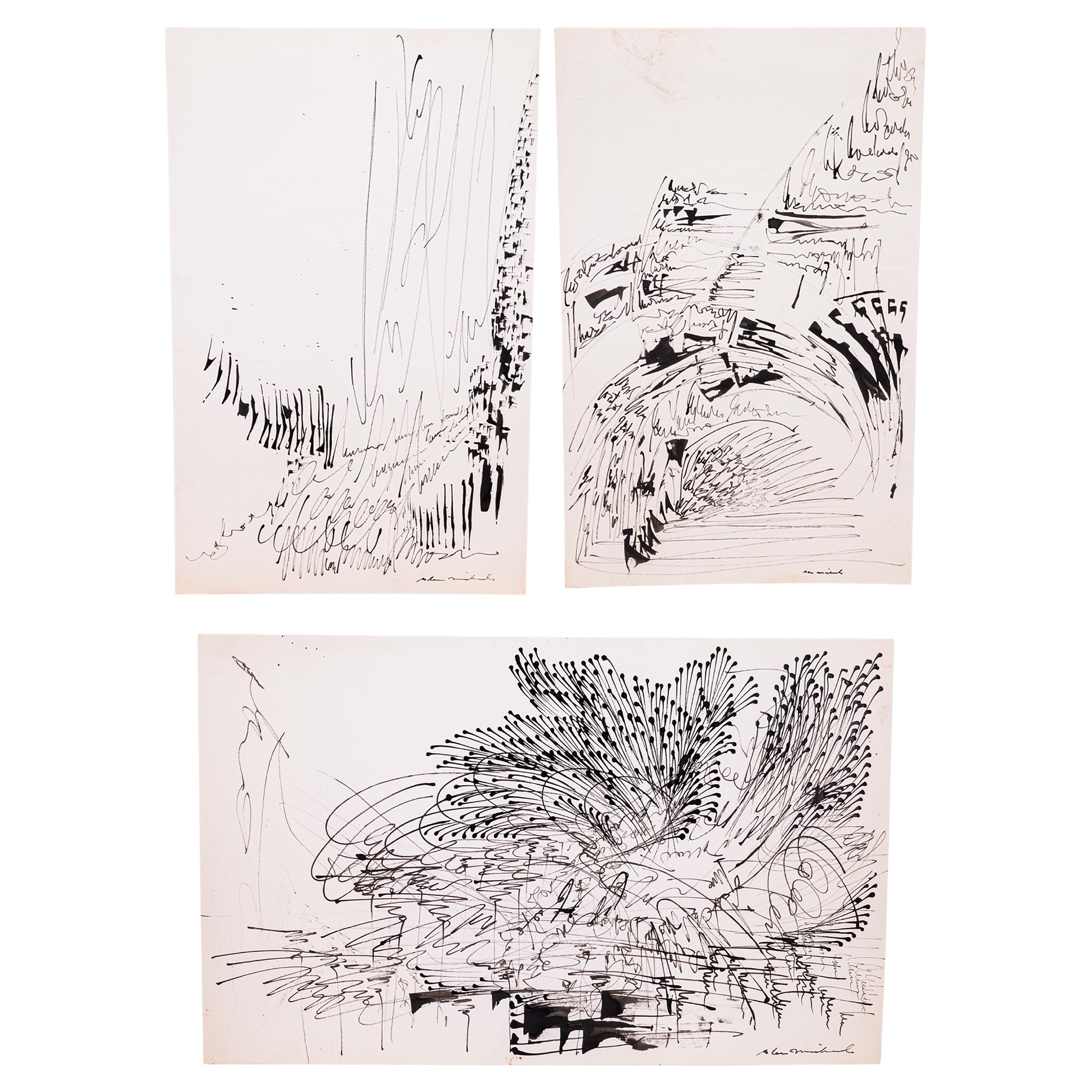 Glen Michaels Signed Set of 3 Modern Signed Ink Drawings on Paper 23x14.5 For Sale