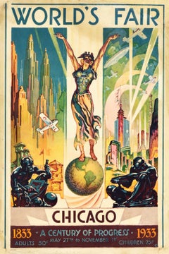 Original Vintage Poster For World's Fair Chicago 1833 A Century Of Progress 1933