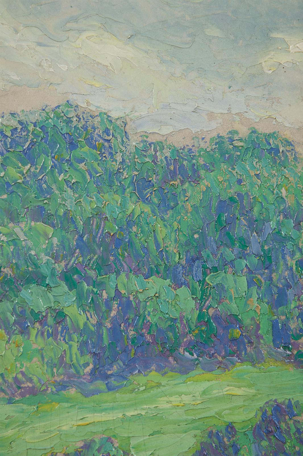 Glen Tracy (Amerikaner, 1883-1956)
Sommerlandschaft, um 1920
Öl auf Karton
Signiert unten rechts, verso betitelt
12 x 9 Zoll
17,25 x 14,5 Zoll, gerahmt

Da er Werbegrafik studierte und lehrte, ist es nicht verwunderlich, dass Glen Tracy eine