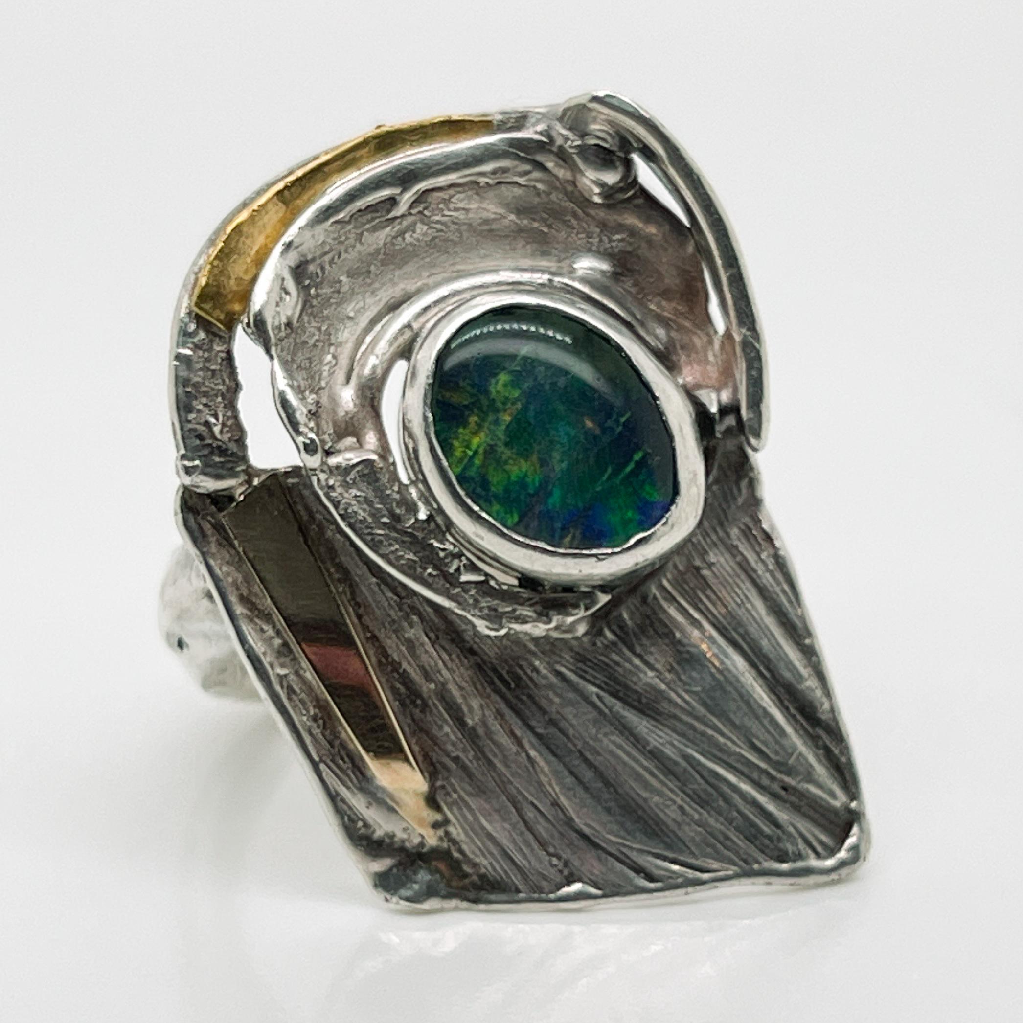 Glenda Arentzen Gold, Sterling Silver & Opal Modernist Ring, Ex-Aaron Faber For Sale 6