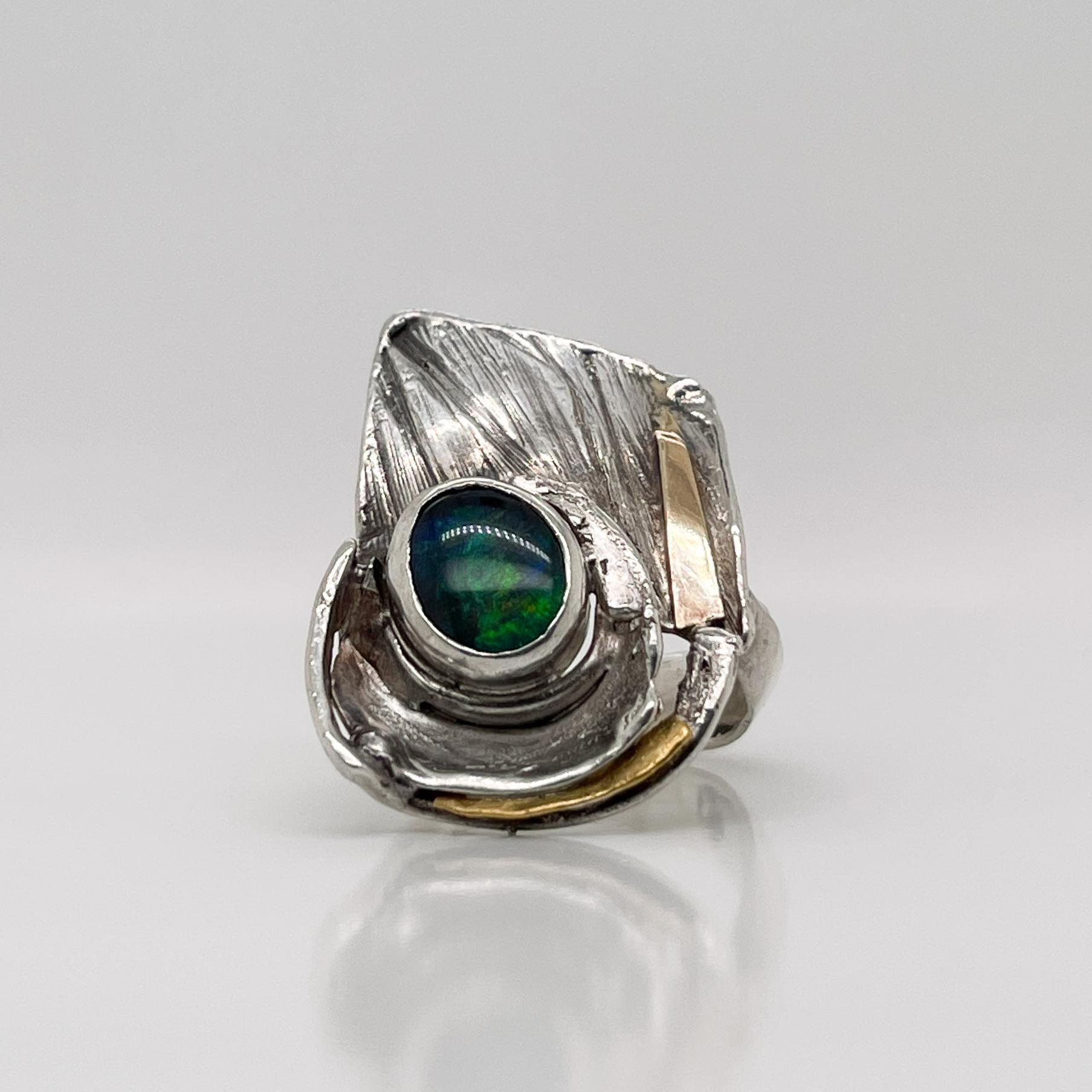Cabochon Glenda Arentzen Gold, Sterling Silver & Opal Modernist Ring, Ex-Aaron Faber For Sale