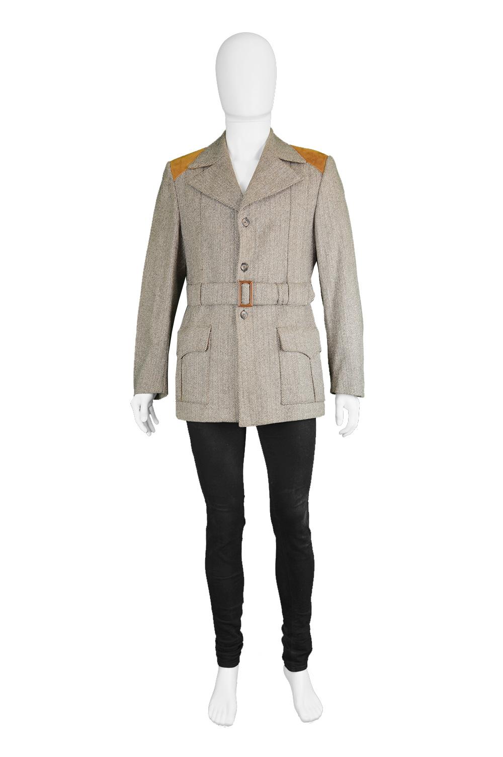 Glenhusky Pure Virgin Wool Herringbone Tweed & Suede Mens Vintage Norfolk Jacket

Size: Marked to fit a GB 38