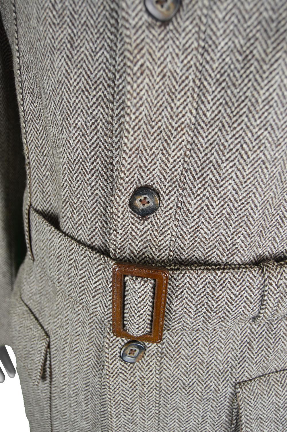 Gray Glenhusky Pure Virgin Wool Herringbone Tweed & Suede Mens Vintage Norfolk Jacket