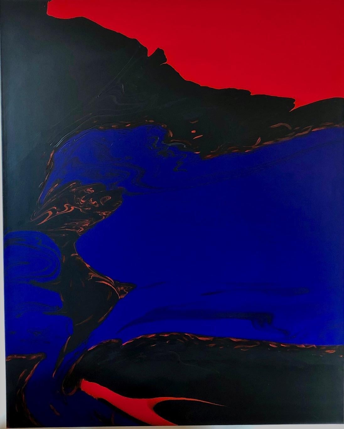 Deep Water by Glenn Green, abstract painting, blue, black, red on canvas - Painting by Glenn A. Green