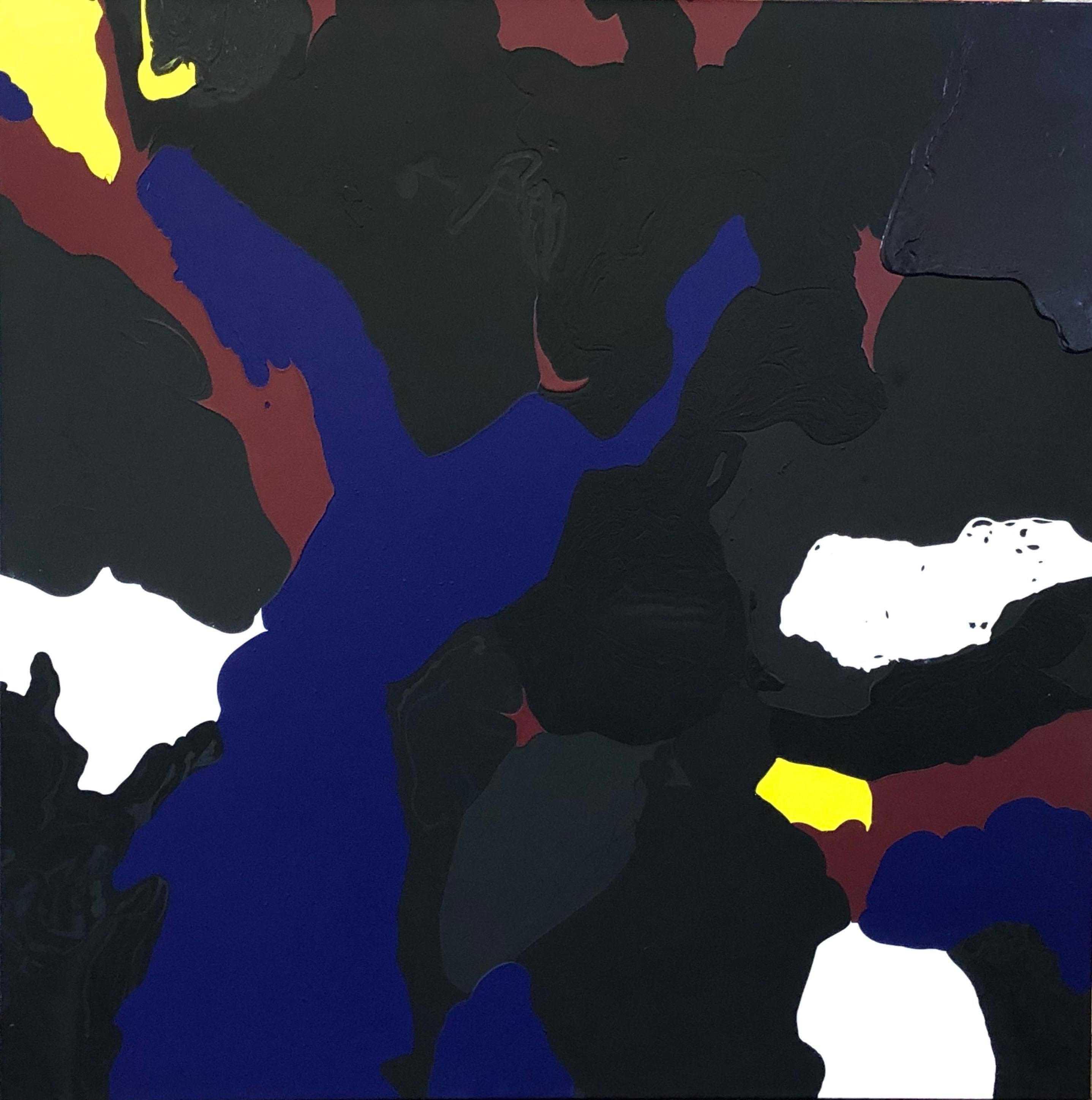 Scorched abstract painting by Glenn Green brown, blue, black, yellow, red, white