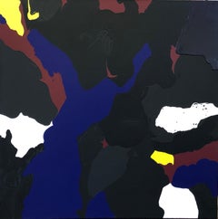 Scorched abstract painting by Glenn Green brown, blue, black, yellow, red, white