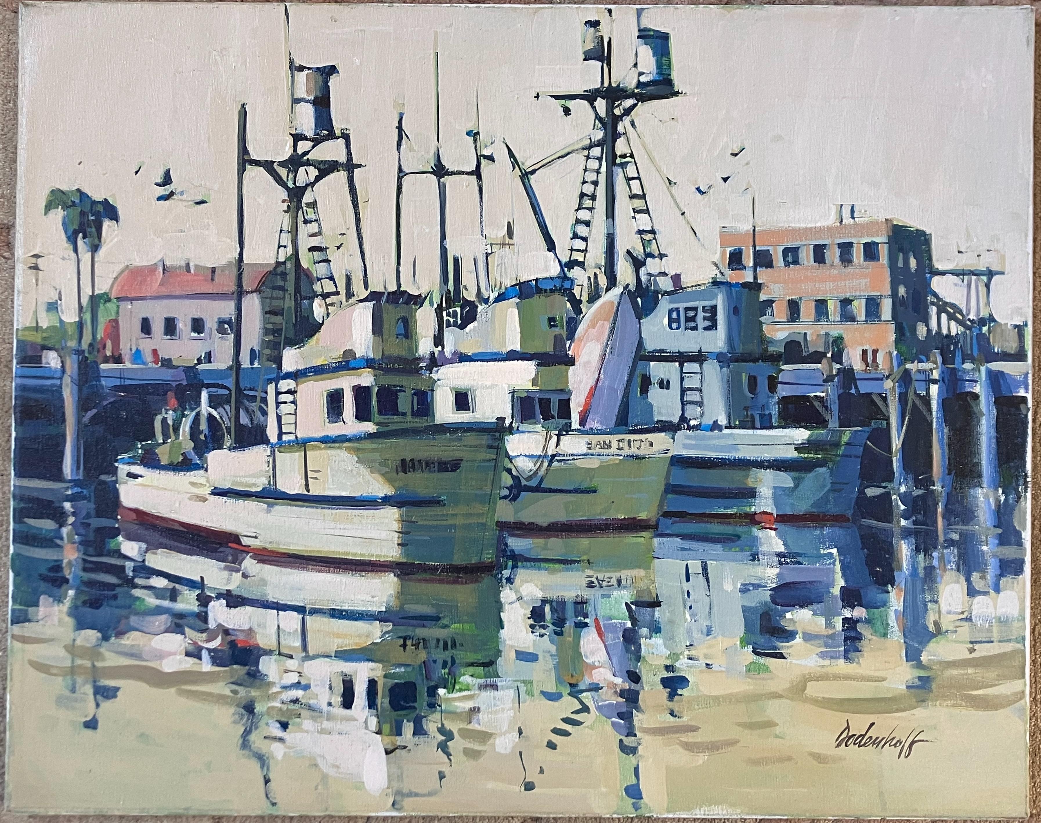 Fishing Boats at Dock - Impressionist Painting by Glenn Dodenhoff