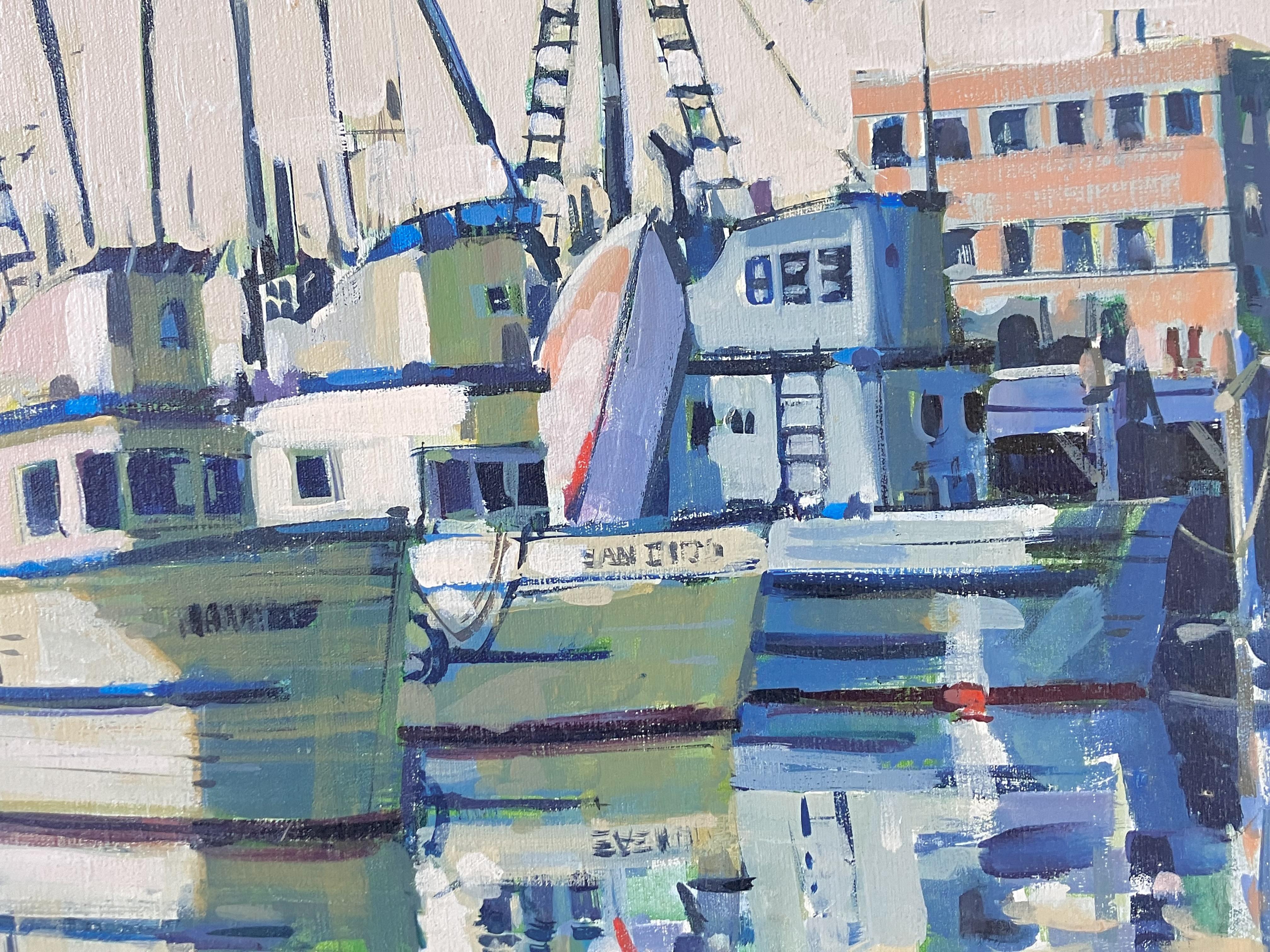Barche da pesca al molo - Landscape Painting Grigio di Glenn Dodenhoff