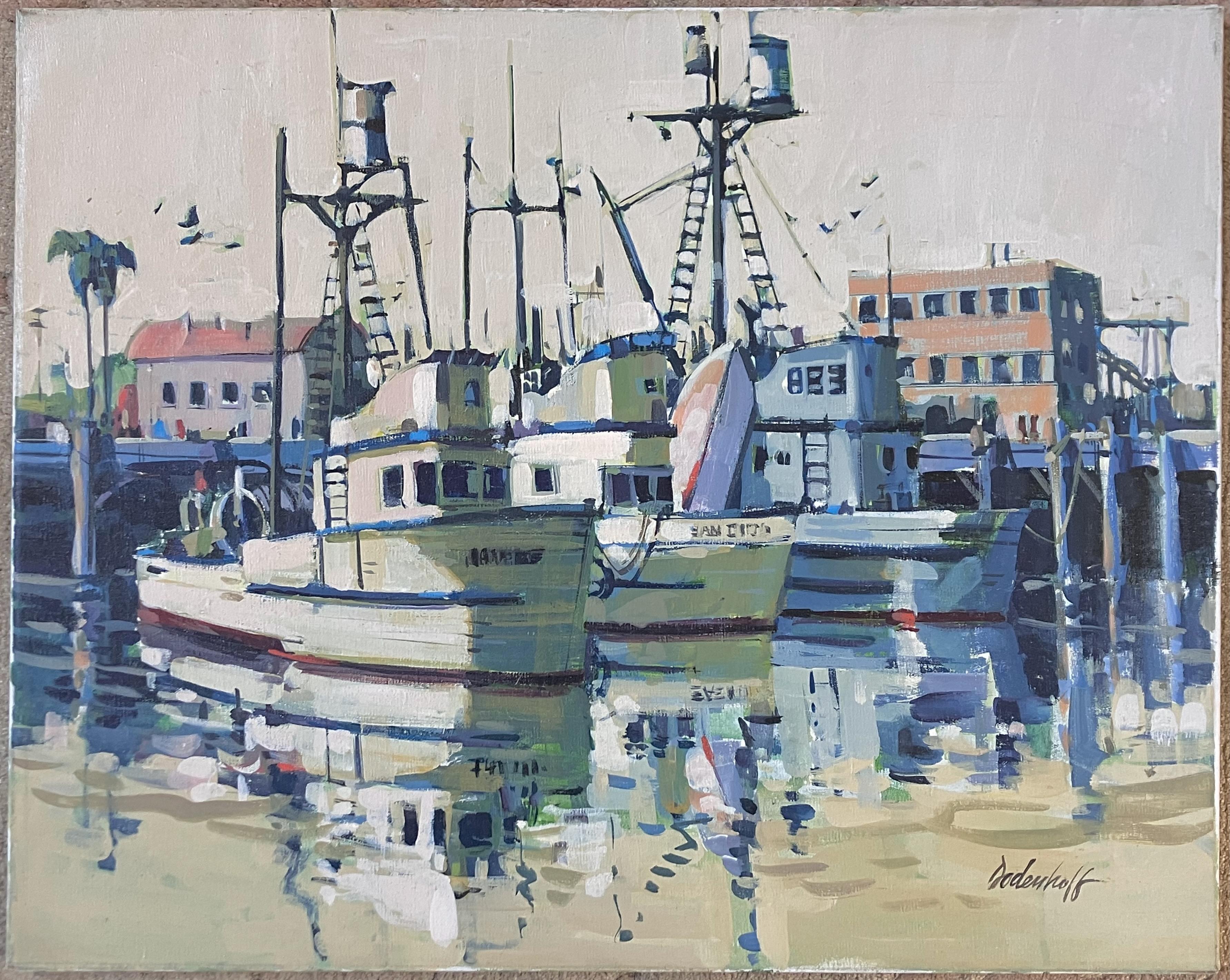 Glenn Dodenhoff Landscape Painting - Fishing Boats at Dock