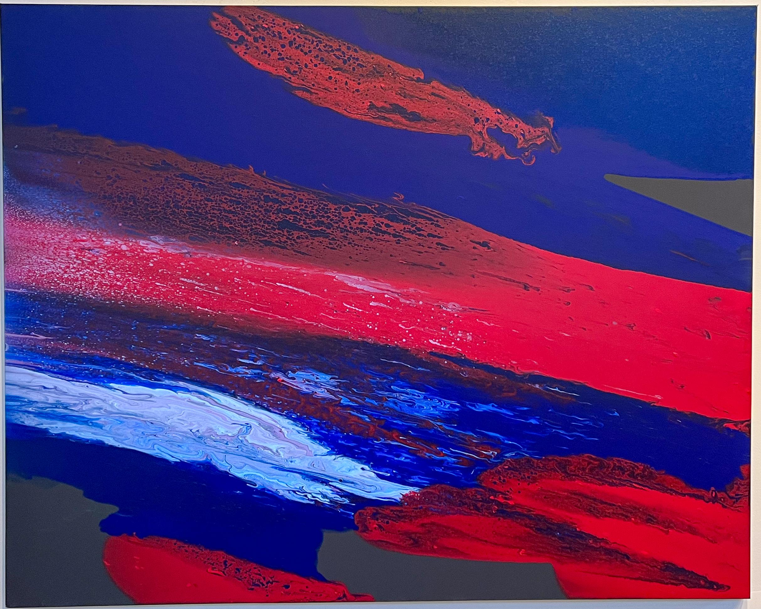 Comet, by Glenn Green, painting, horizontal, blue, red, silver, abstract, large For Sale 1