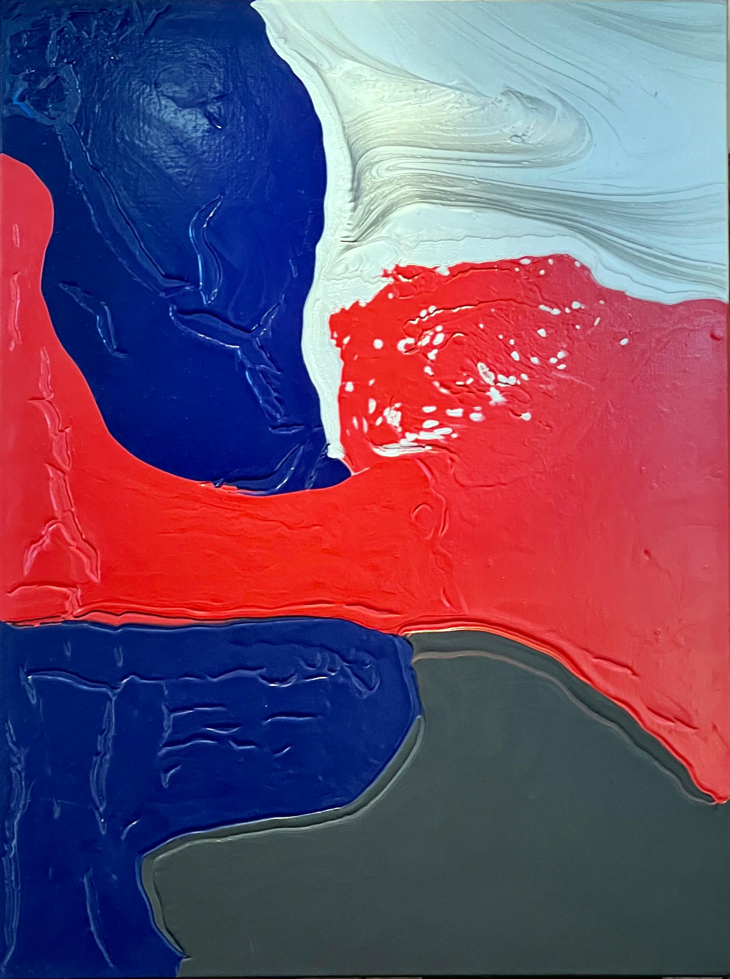Abstract Painting di Glenn Green - Silver Cloud, di Glenn A. Green, quadro, blu, argento, rosso, astratto, strutturato
