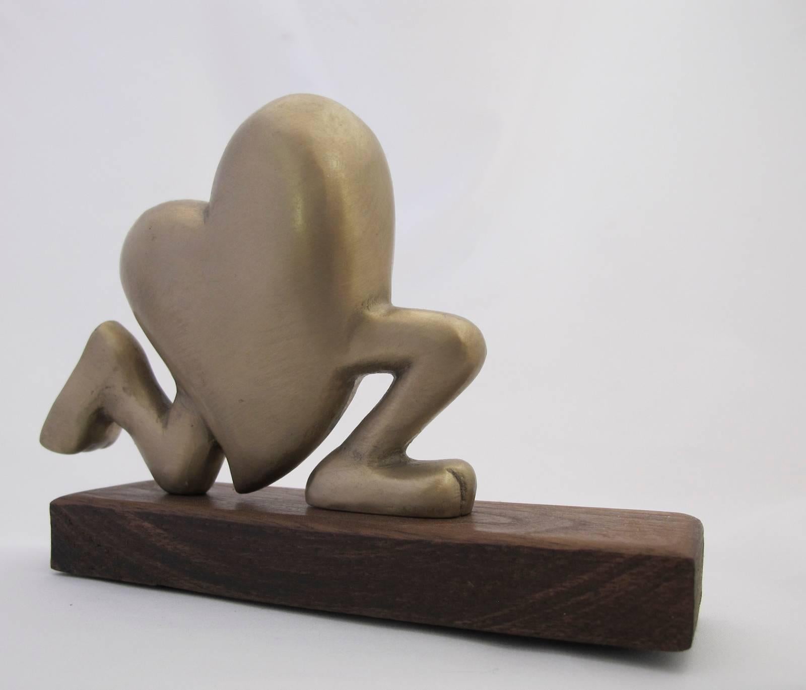 Running Heart, gold, bronze, sculpture, valentine, heart, runner, love, racer - Gray Figurative Sculpture by Glenn Green