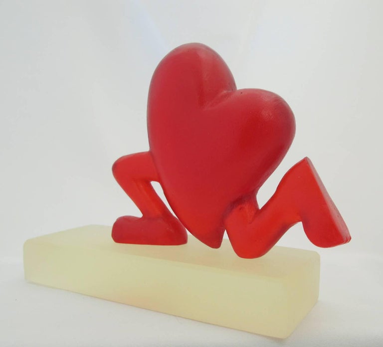 Glenn Green Figurative Sculpture - Running Heart, red, resin, sculpture, Valentine, Love, Cartoon, humor, feet