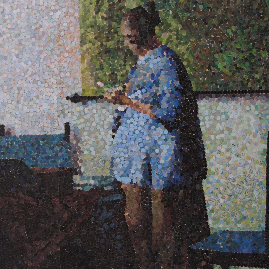 Cet hommage à Vermeer est une mosaïque/collage complexe de papier perforé d'Ibbitson. L'œuvre est de la même taille que l'original de Vermeer et, grâce à l'application habile de nombreuses nuances de papier, les effets de lumière jouent de la même
