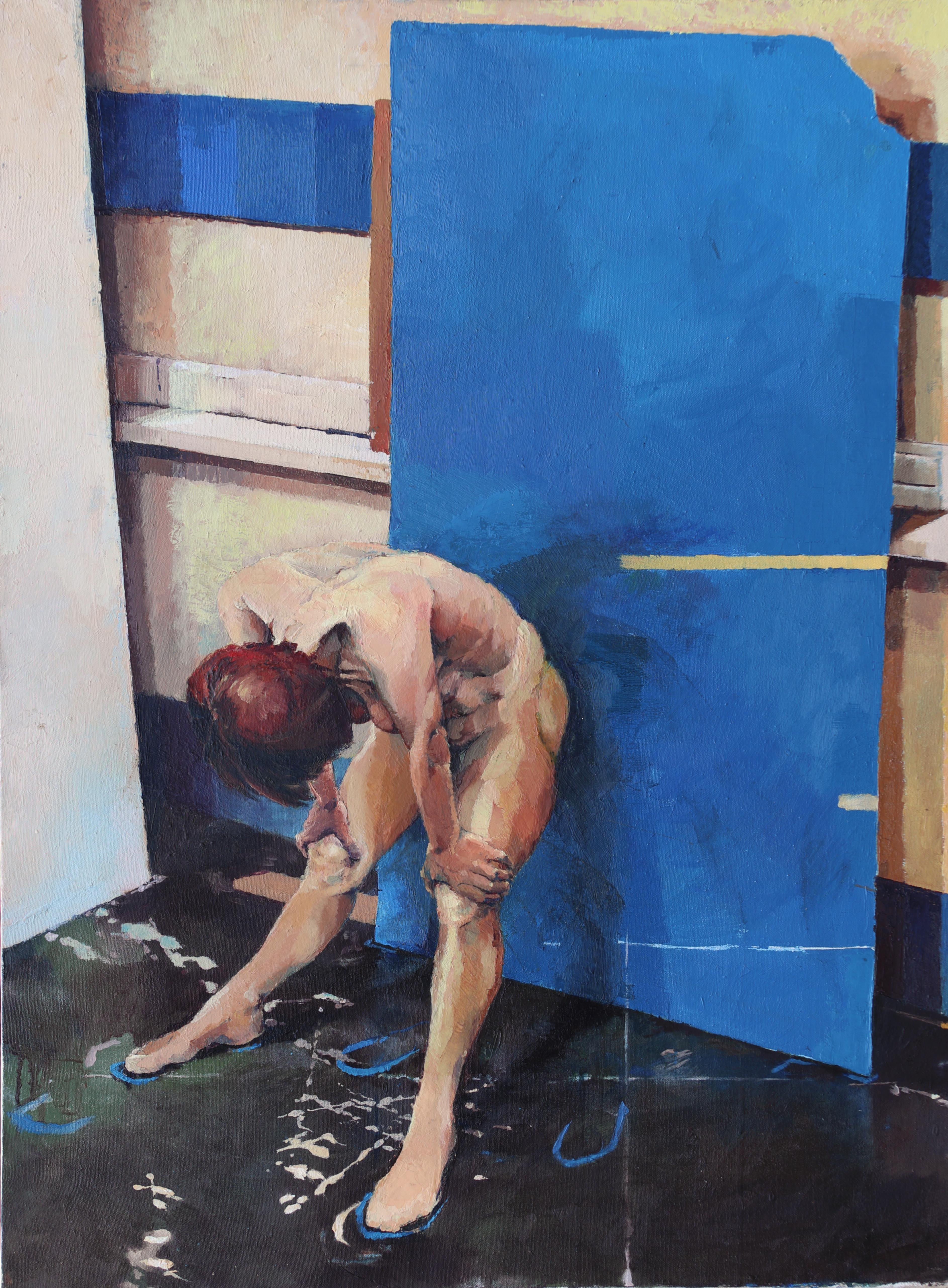 Glenn Ibbitson Figurative Painting - Blue Board. Contemporary Figurative Oil Painting