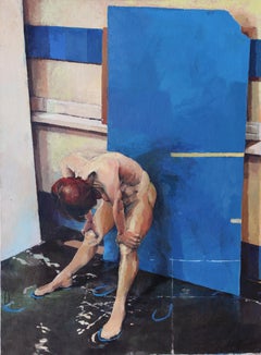 Blue Board. Peinture à l'huile figurative contemporaine