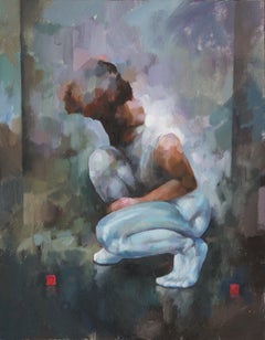 "Figure avec des cubes rouges"  Peinture à l'huile figurative contemporaine