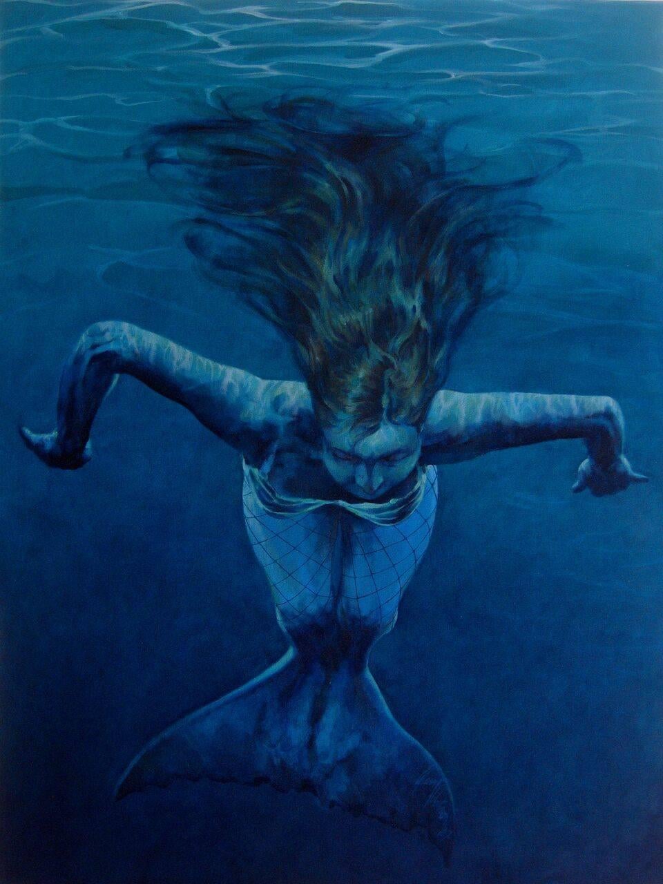 Glenn Ibbitson Figurative Painting – Die treibende Meerjungfrau.  Zeitgenössisches figuratives Ölgemälde