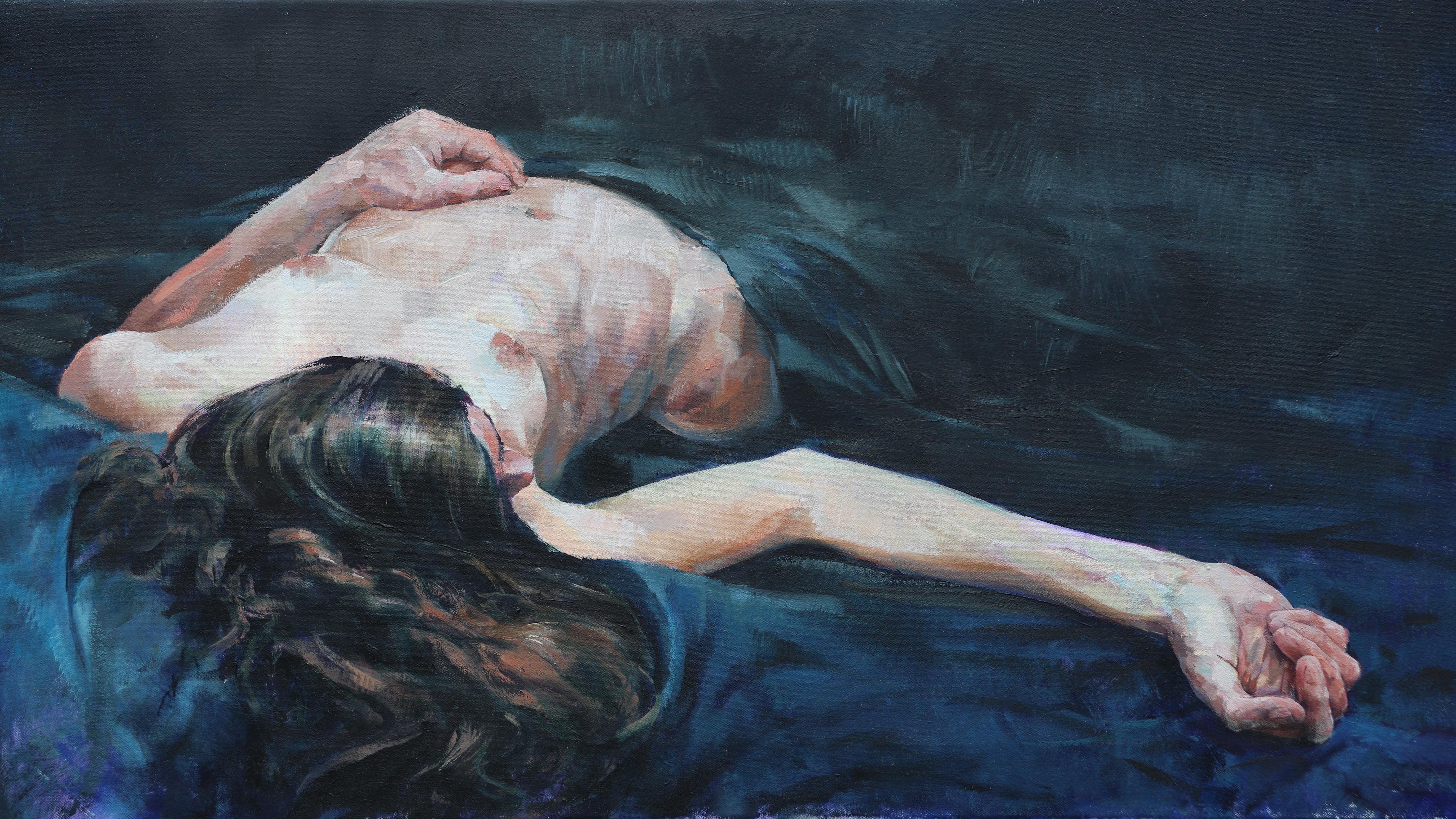 Glenn Ibbitson Figurative Painting - Satin Sheets:  Contemporary Nude Oil Painting