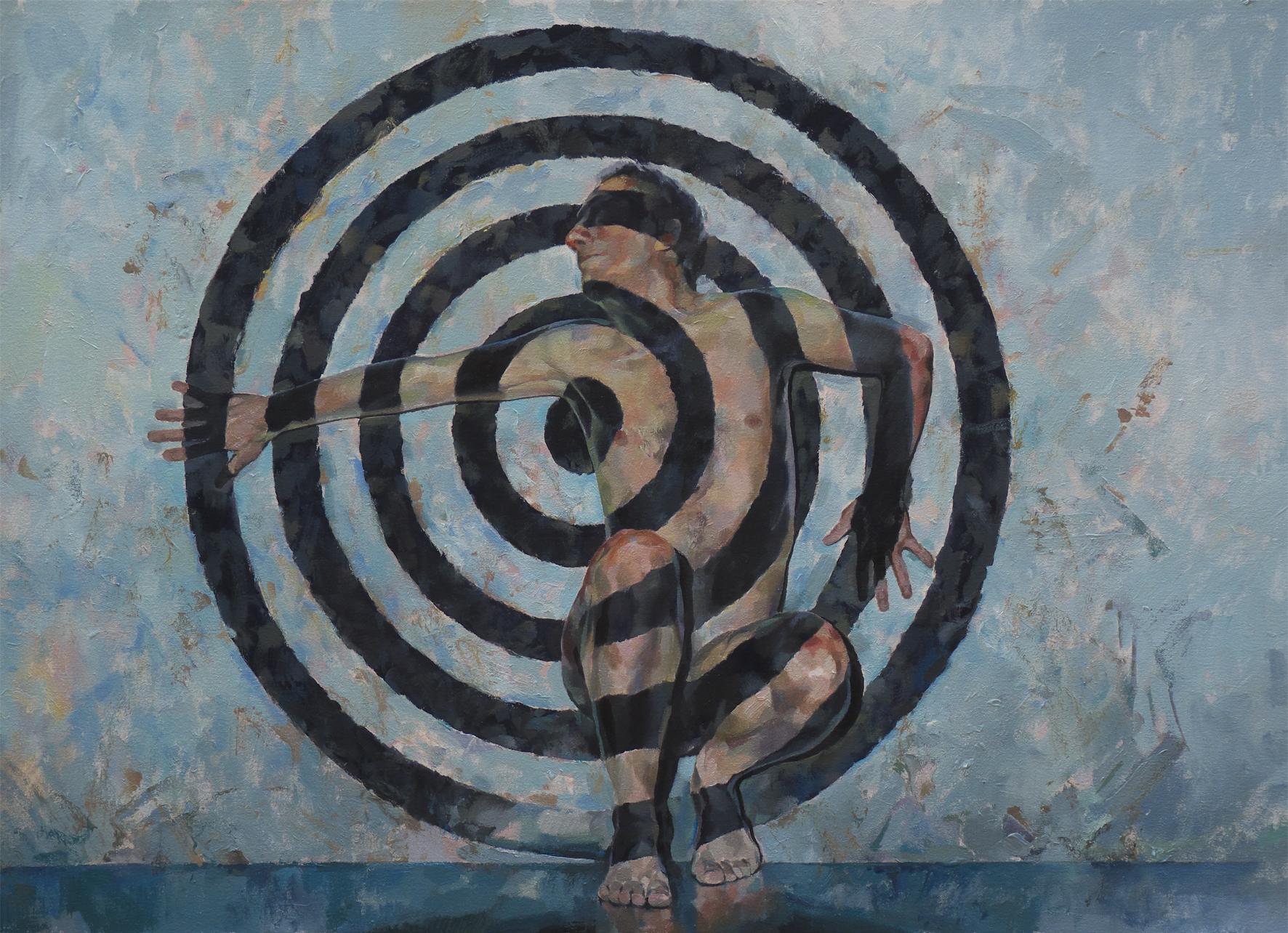 ""Target : Blindfolded" (Target : Folded)  Peinture à l'huile figurative contemporaine