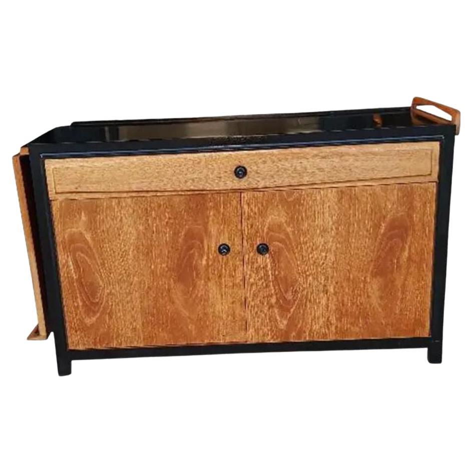 Glenn of California Extendable Drop Leaf Walnut and Black Lacquer Bar Cabinet For Sale