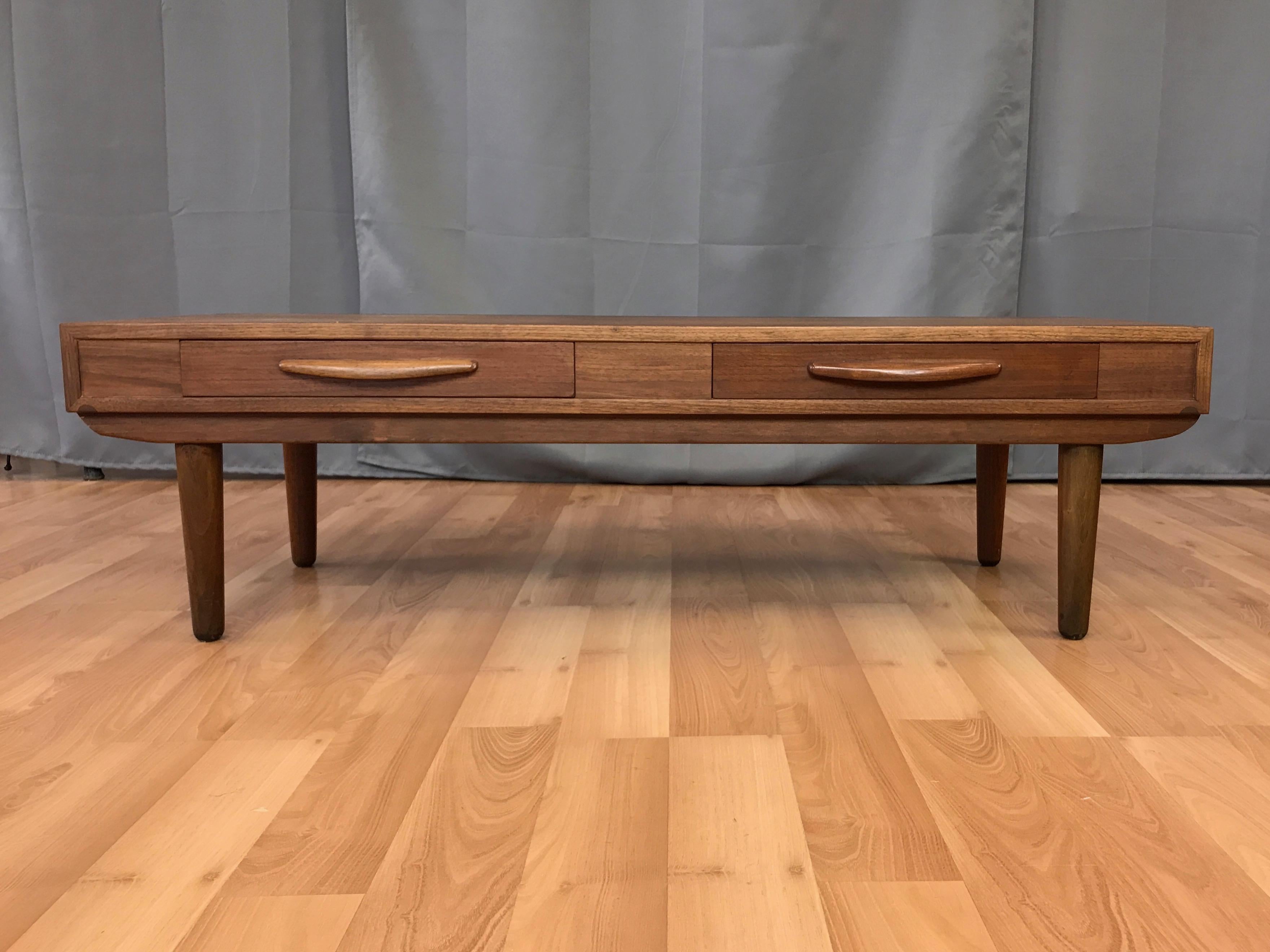 American Glenn of California Style Walnut Coffee Table with Drawers