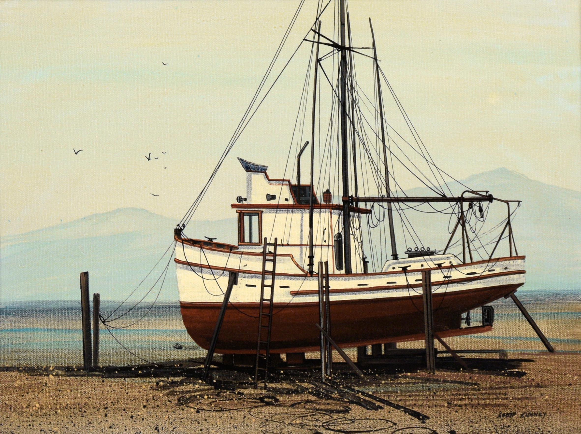 Fishing Boat in Dry Dock at the Shore - Oil on Canvas - Painting by Glenn Scott Kuhnly
