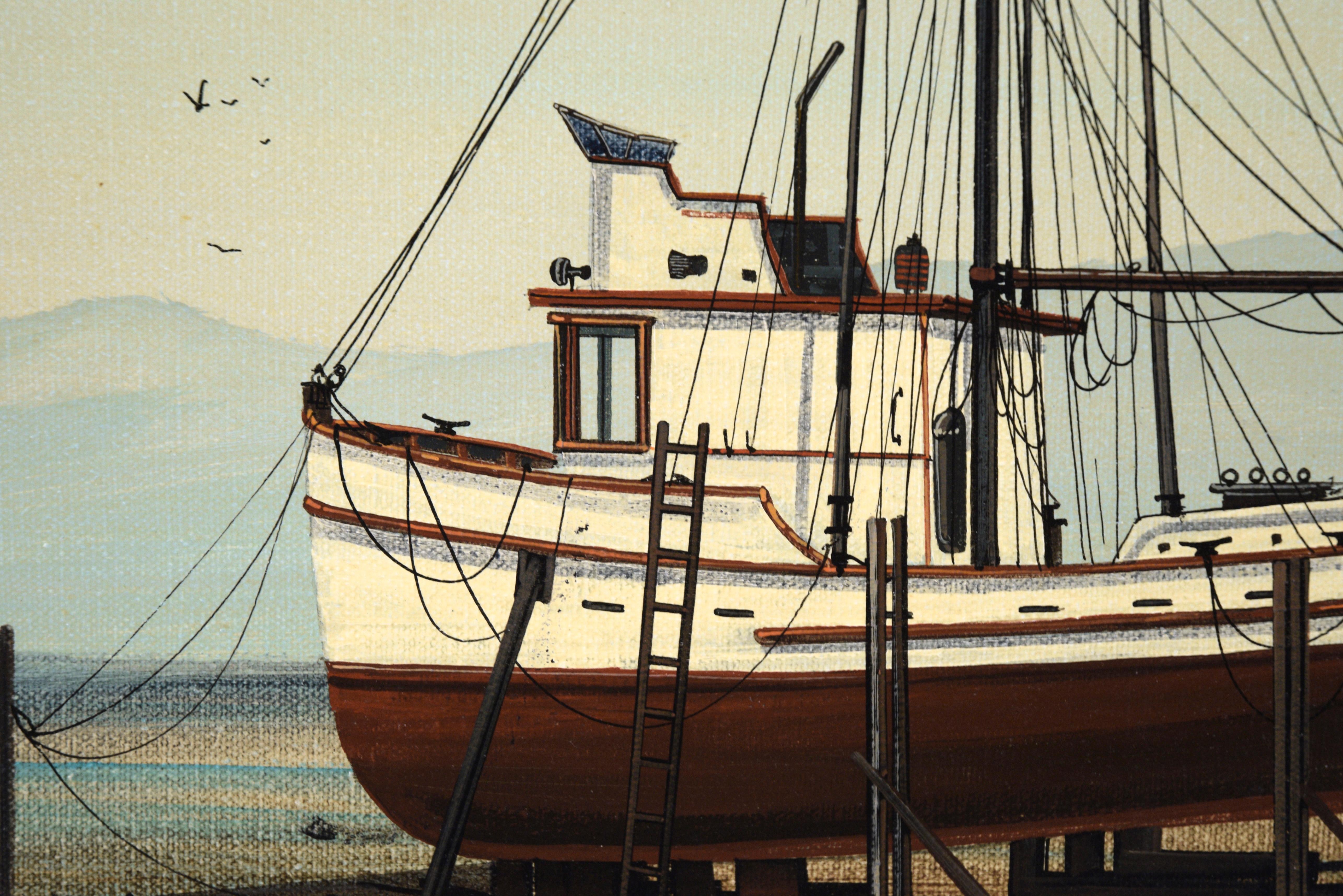 Fishing Boat in Dry Dock at the Shore - Oil on Canvas - Brown Landscape Painting by Glenn Scott Kuhnly