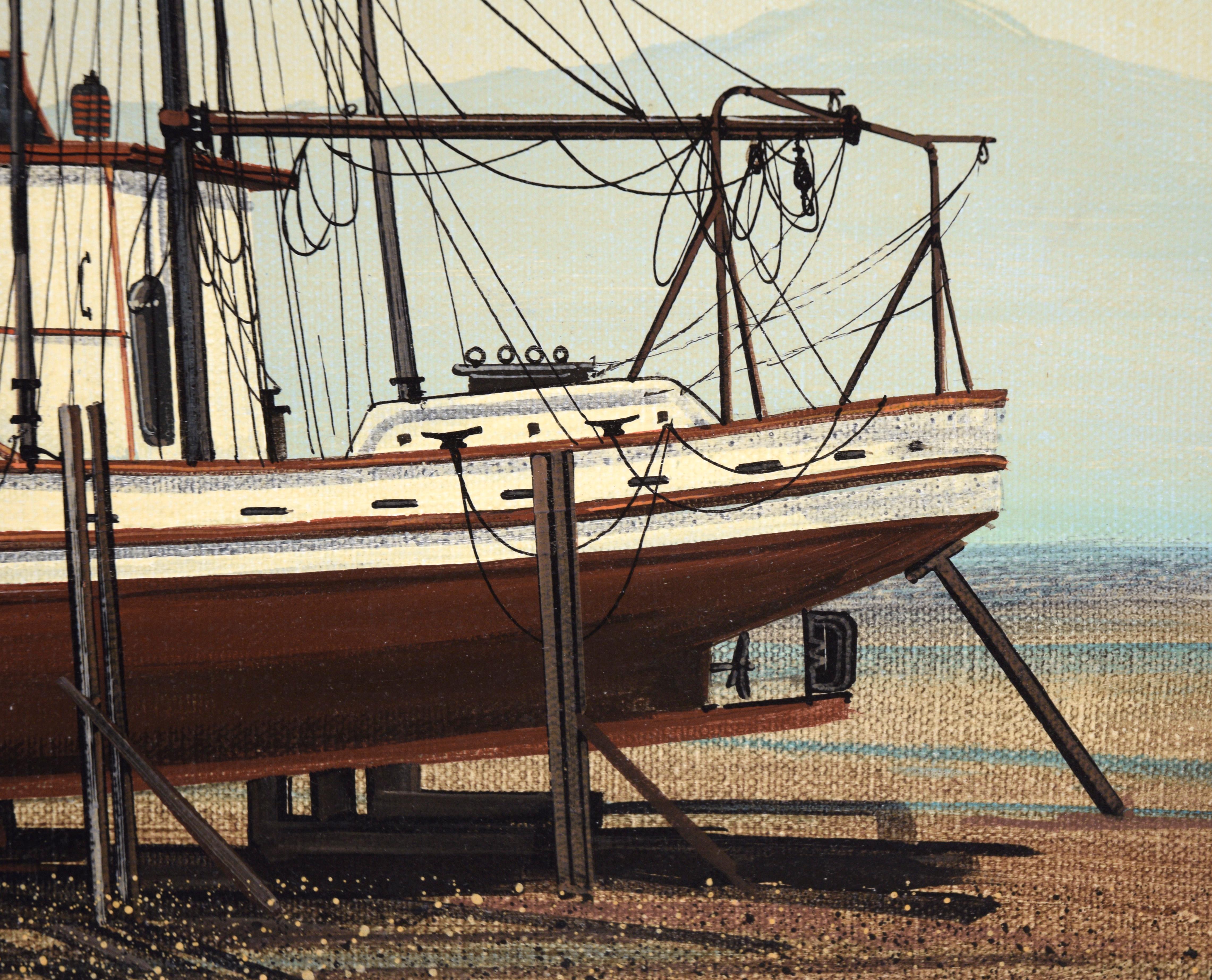 Fishing Boat in Dry Dock at the Shore - Oil on Canvas

Serene depiction of a fishing boat lifted up by Glenn Scott Kuhnly (American, 1939-2012). Complete with rigging, this piece is wonderfully detailed. At the edge of the water, the boat is lifted
