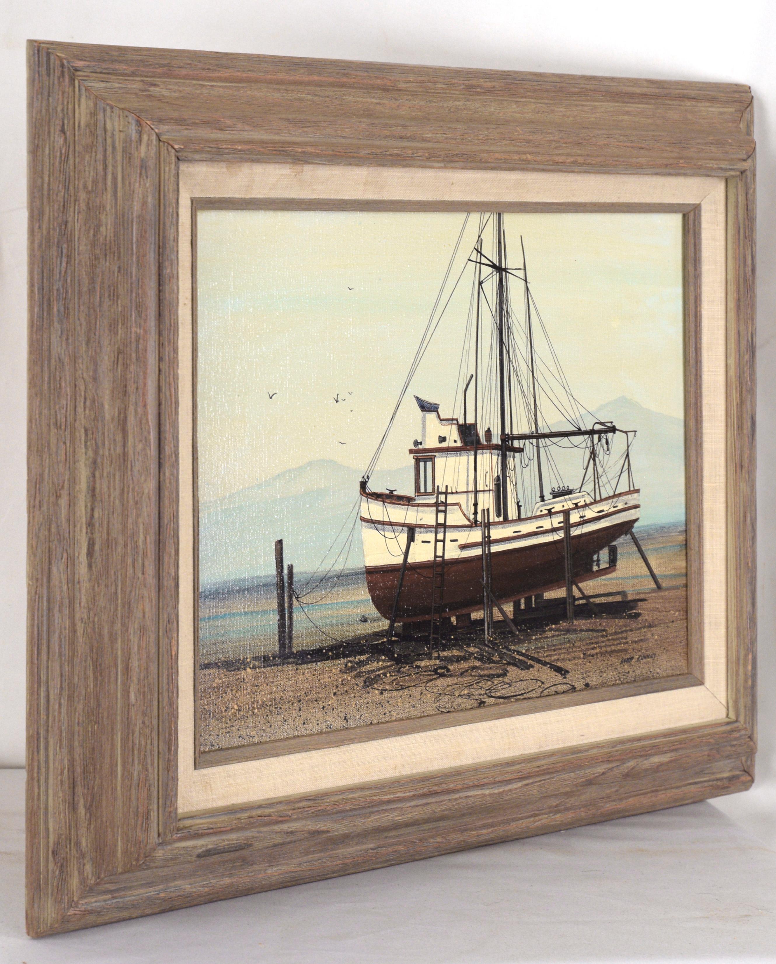 Fishing Boat in Dry Dock at the Shore - Oil on Canvas 4
