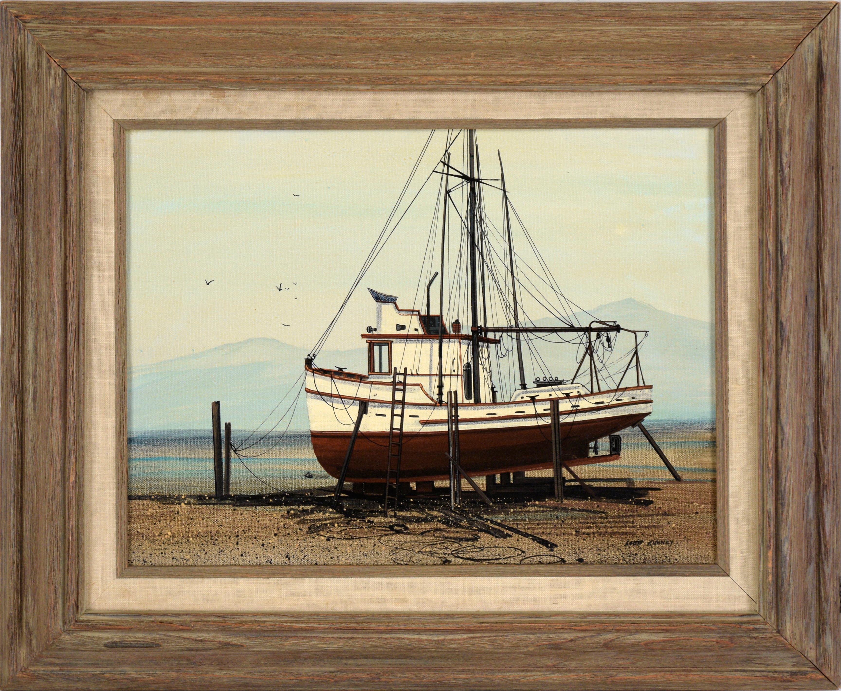 Glenn Scott Kuhnly Landscape Painting - Fishing Boat in Dry Dock at the Shore - Oil on Canvas