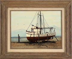 Vintage Fishing Boat in Dry Dock at the Shore - Oil on Canvas