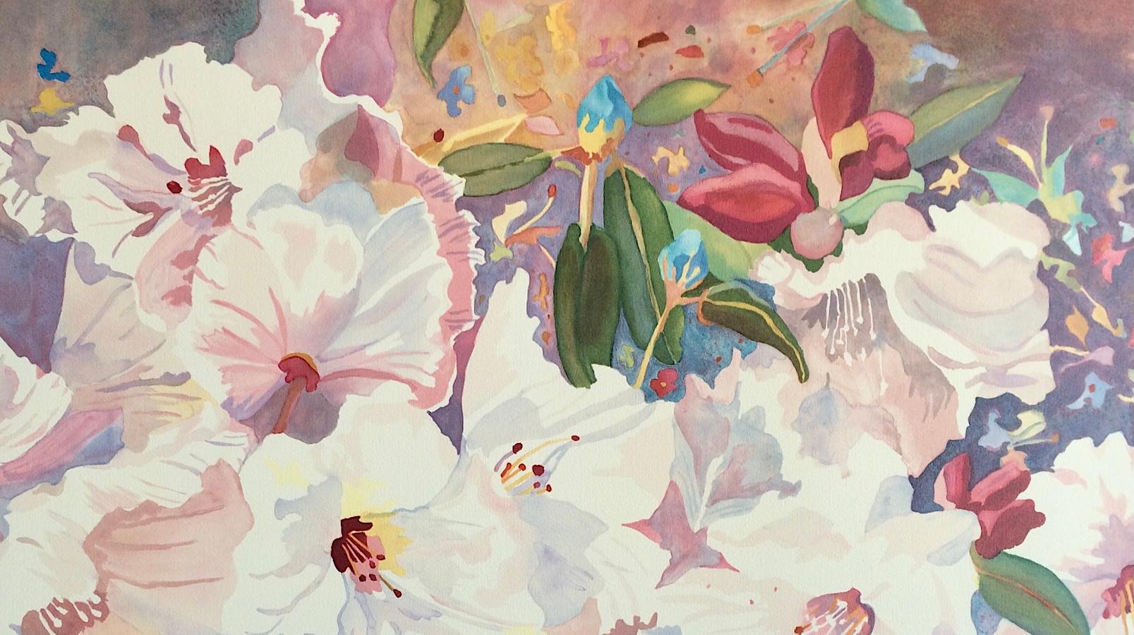 RODODENDRONI CINESI Litografia disegnata a mano, acquerello floreale, colori pastello - Print Contemporaneo di Glenny Brazy