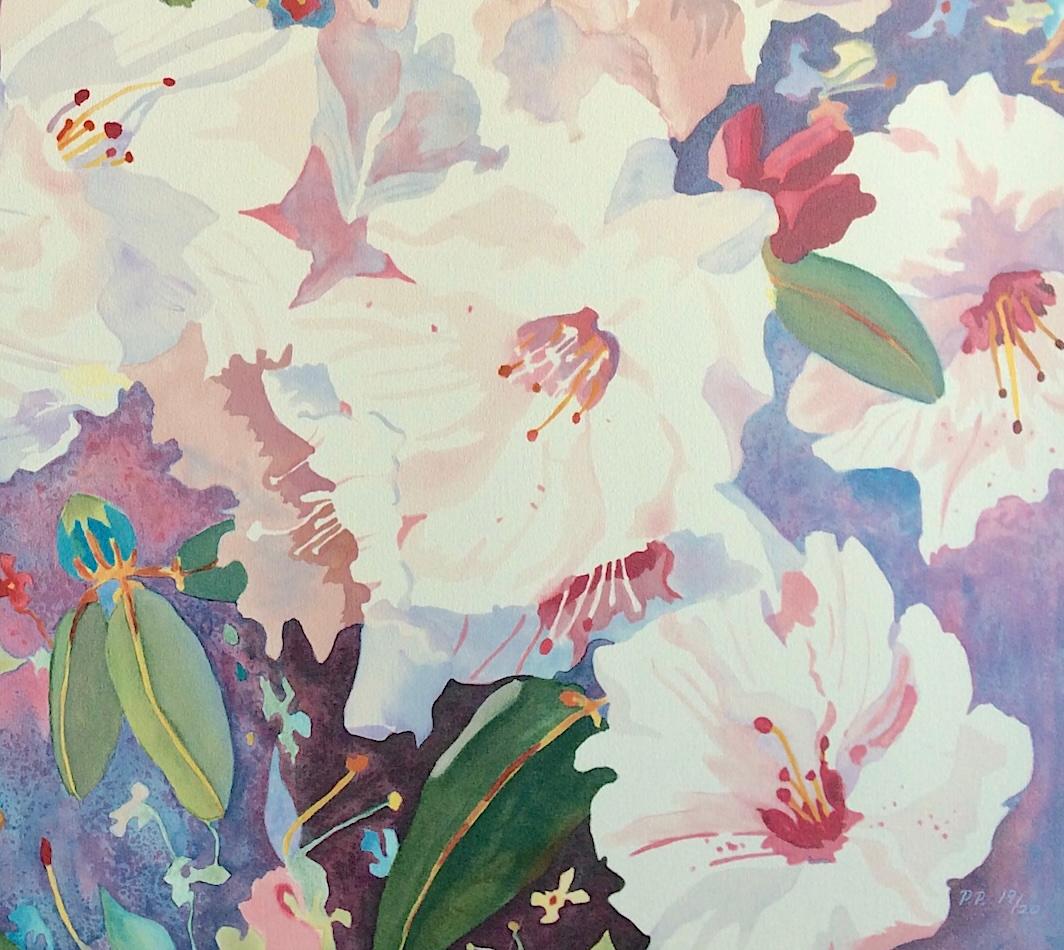 RODODENDRONI CINESI Litografia disegnata a mano, acquerello floreale, colori pastello - Interior Print Grigio di Glenny Brazy
