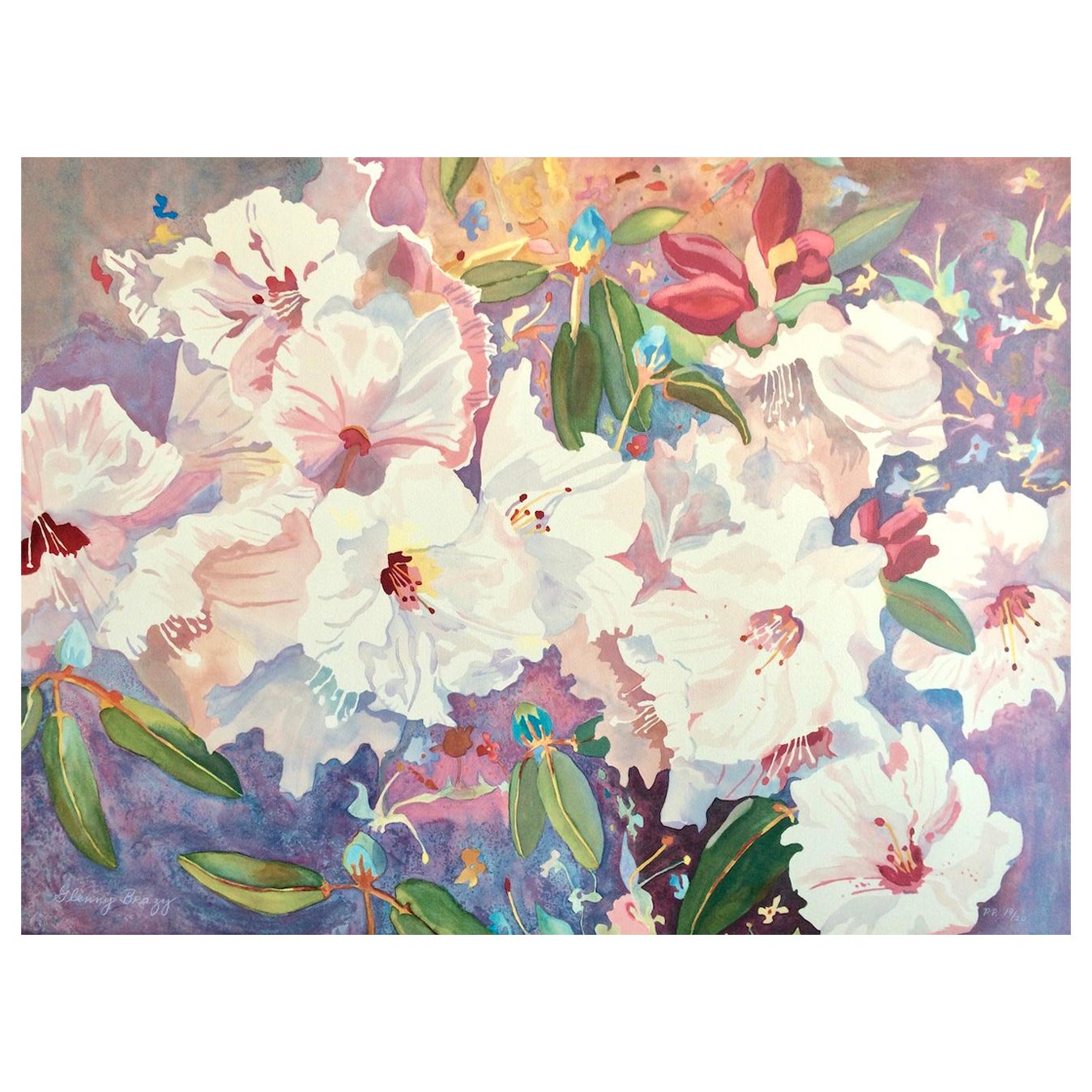CHINESE RHODODENDRONS, lithographie dessinée à la main, aquarelle, fleurs, couleurs pastel en vente 2