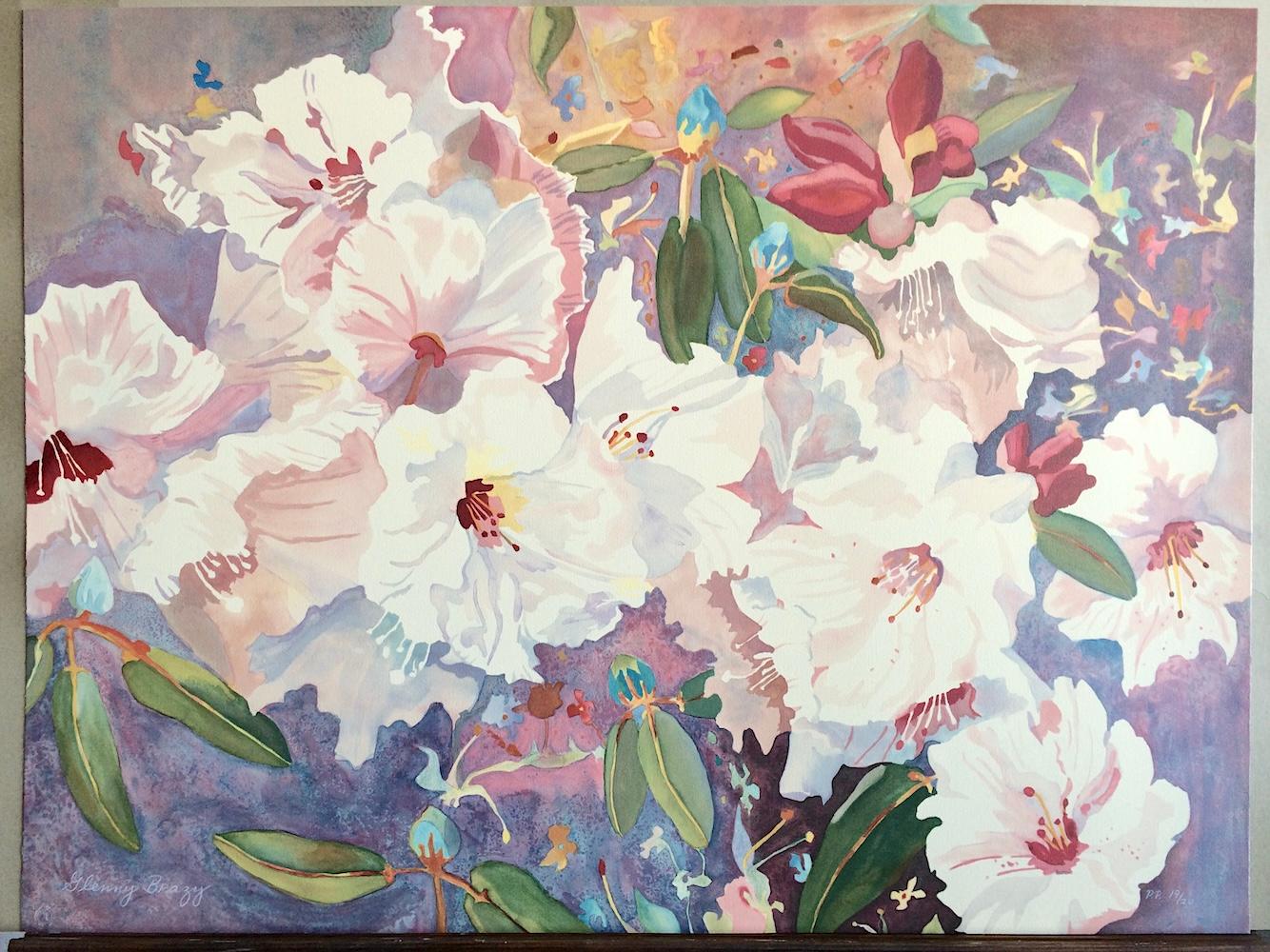 RODODENDRONI CINESI Litografia disegnata a mano, acquerello floreale, colori pastello in vendita 3