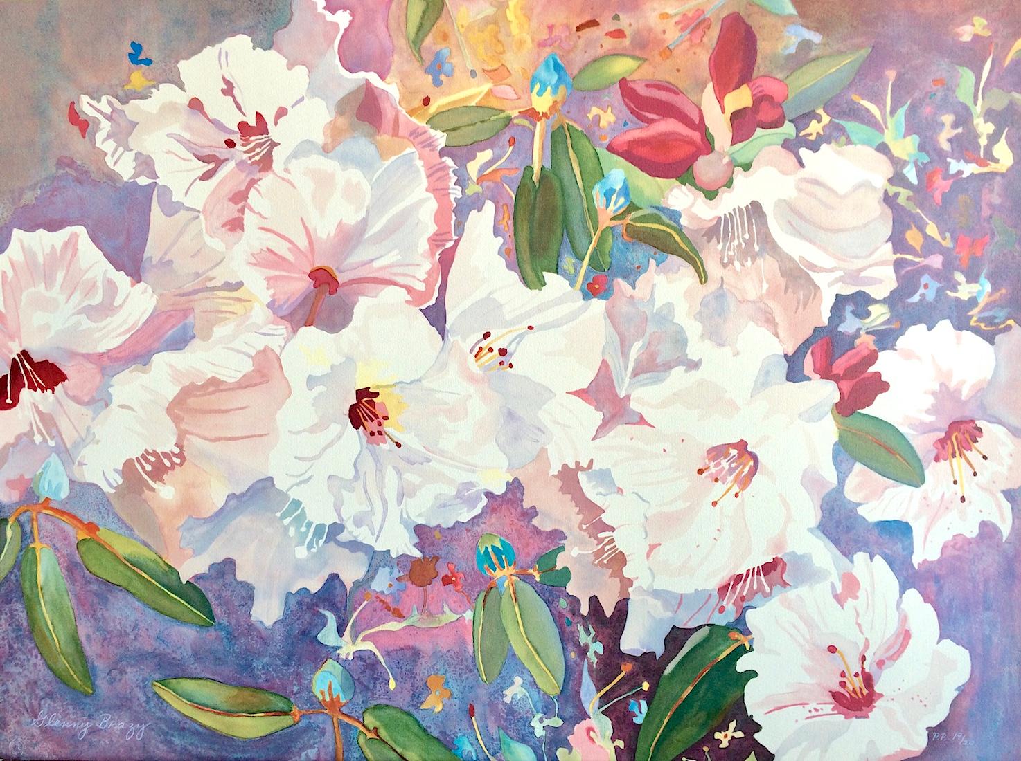 Glenny Brazy Interior Print – CHINESE RHODODENDRONS Handgezeichnete Lithographie, Aquarell Floral, Pastellfarben